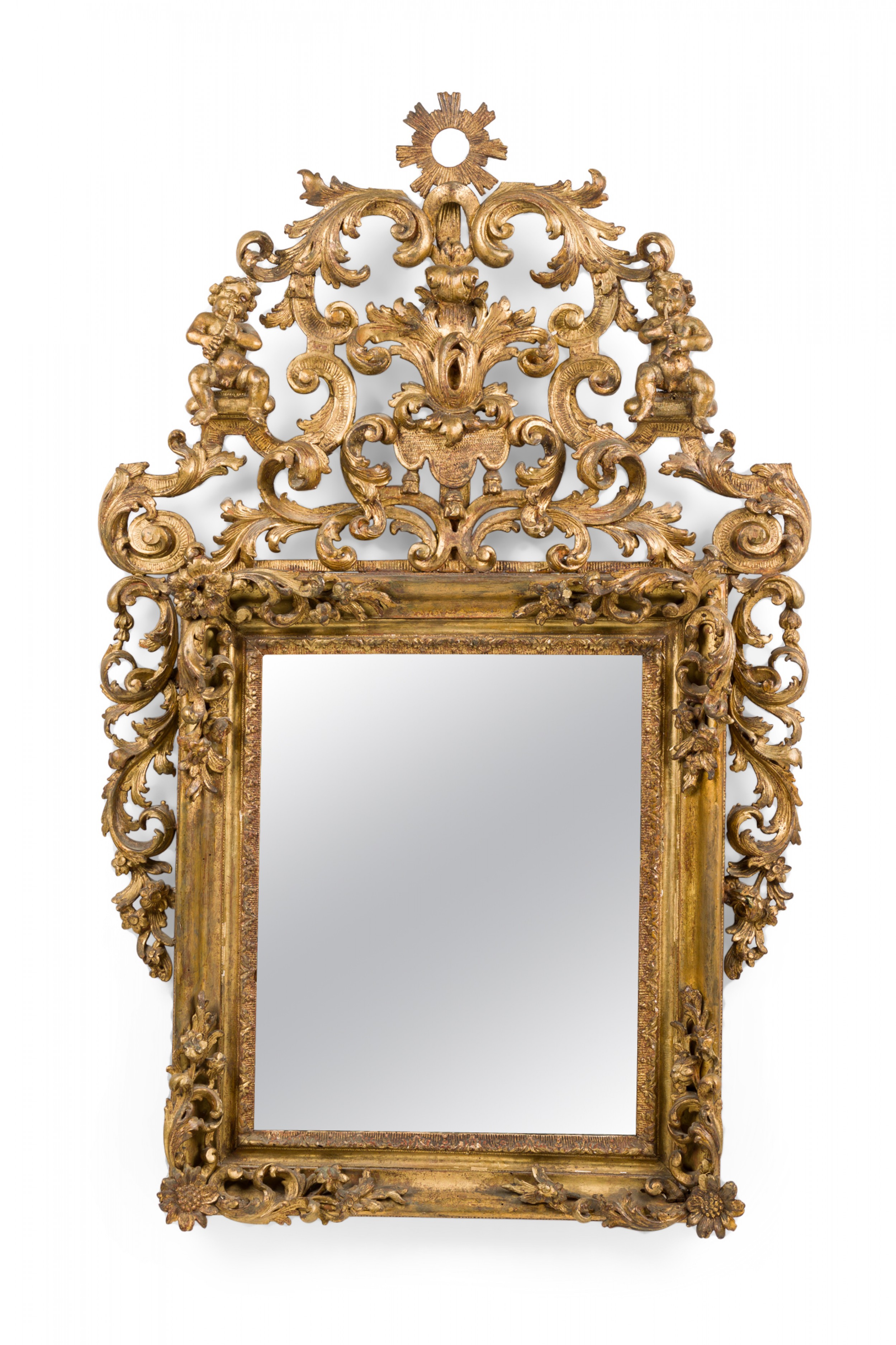 French Louis XV Filigree Carved Giltwood Wall Mirror