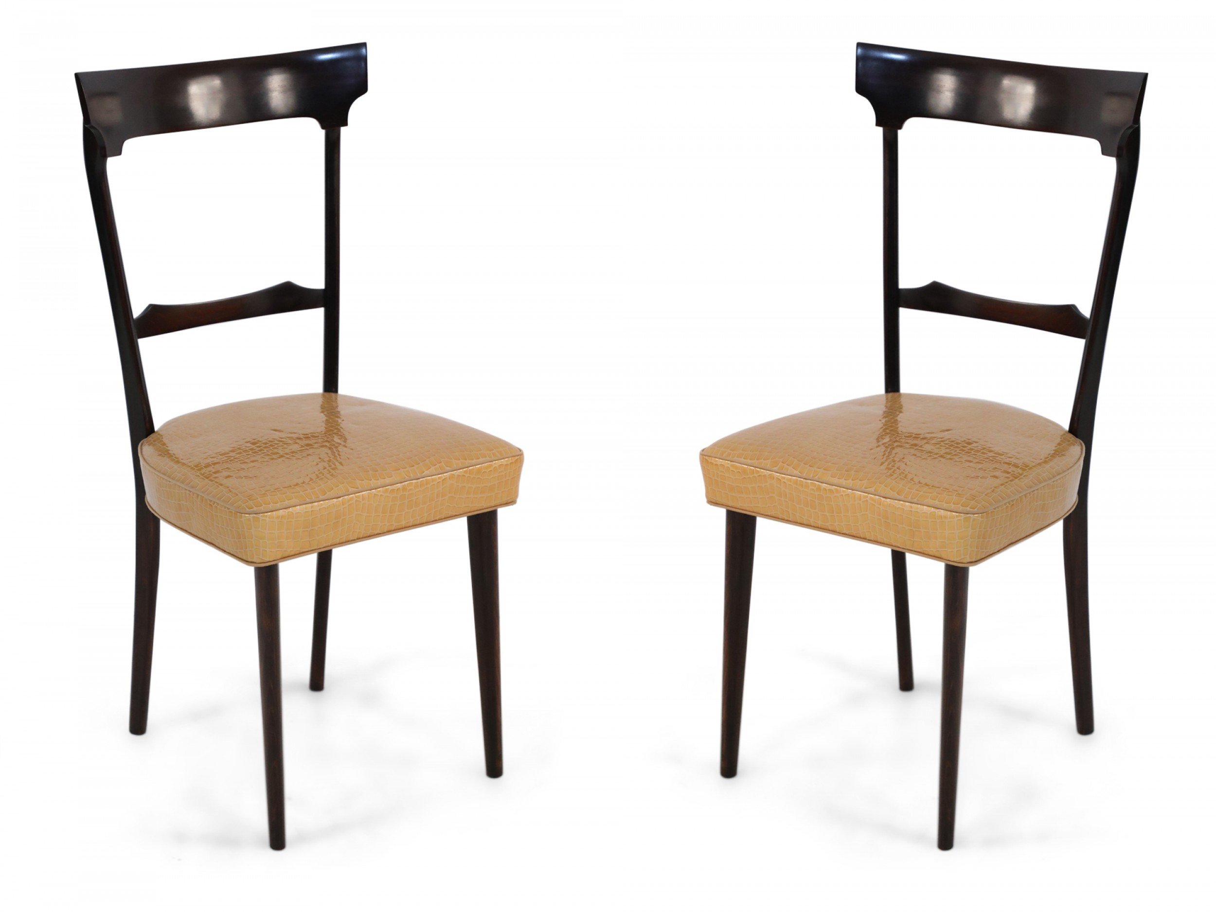 Set of 8 Ico Parisi Italian Mid Century Mahogany Frame and Yellow Alligator Upholstered Dining Side