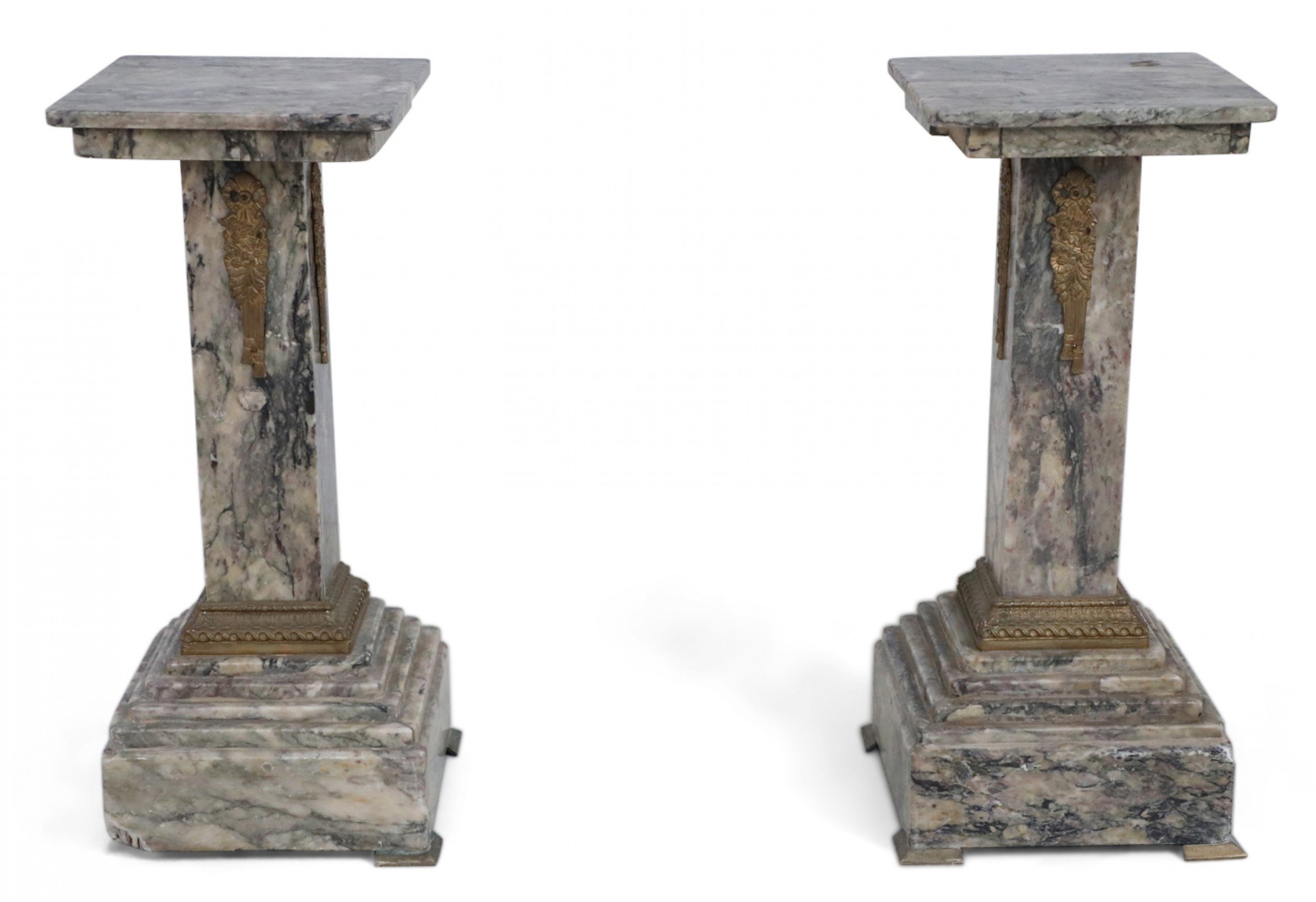 Pair of French Louis XVI Style Gray Marble and Bronze Display Pedestals