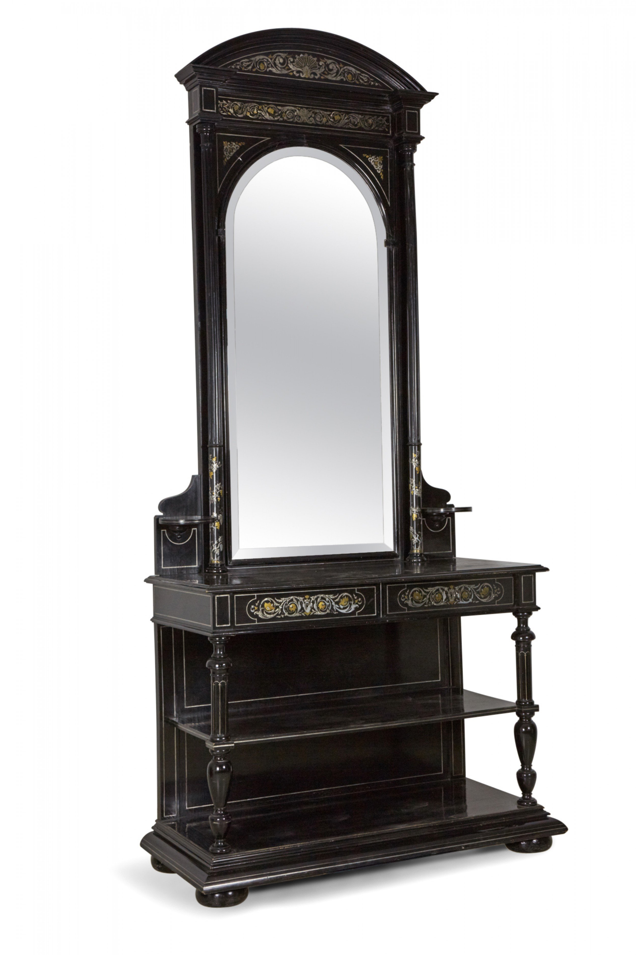 French renaissance style mirrored ebonized metal inlaid hall table