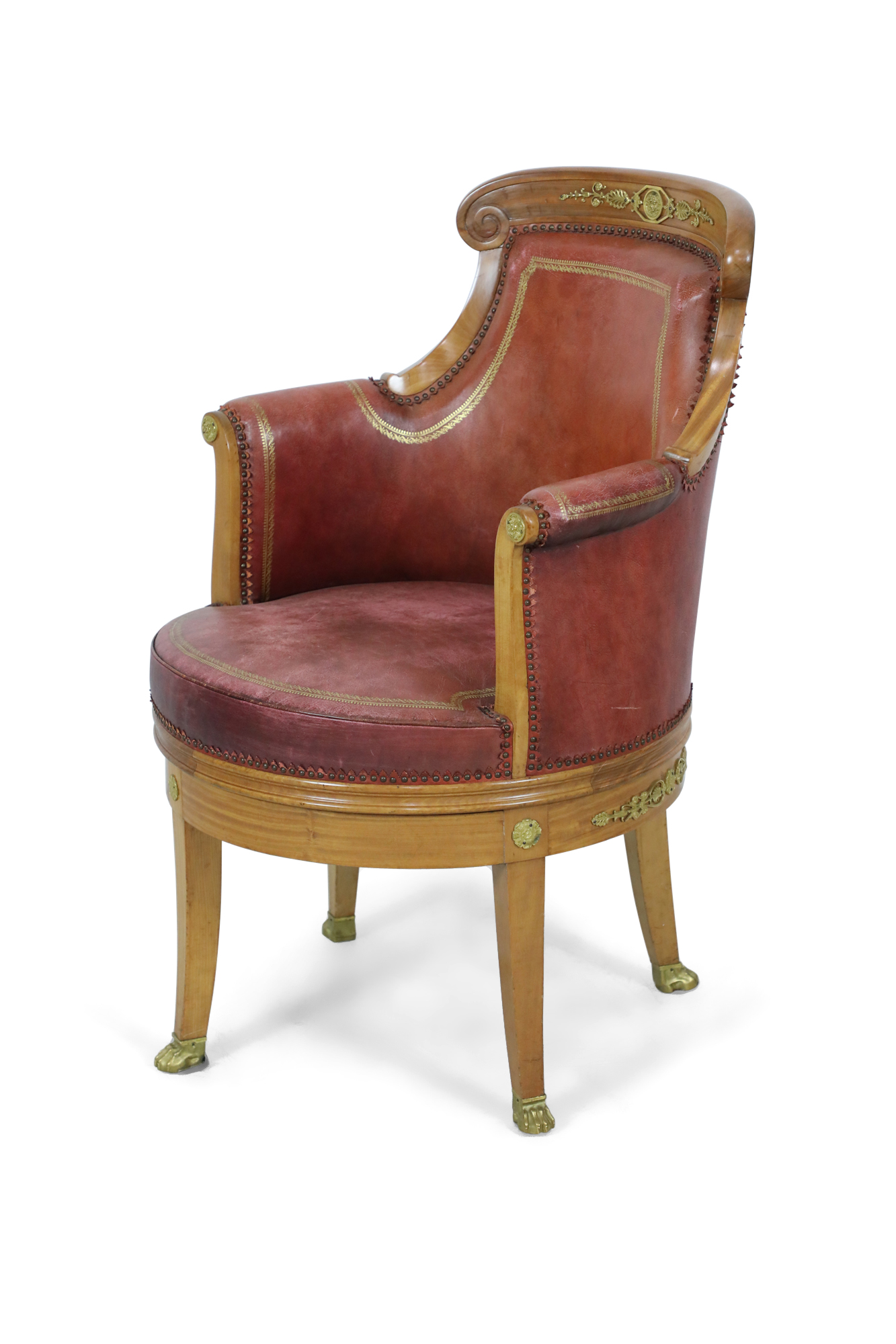 French empire blond mahogany swivel leather chair with bronze trim