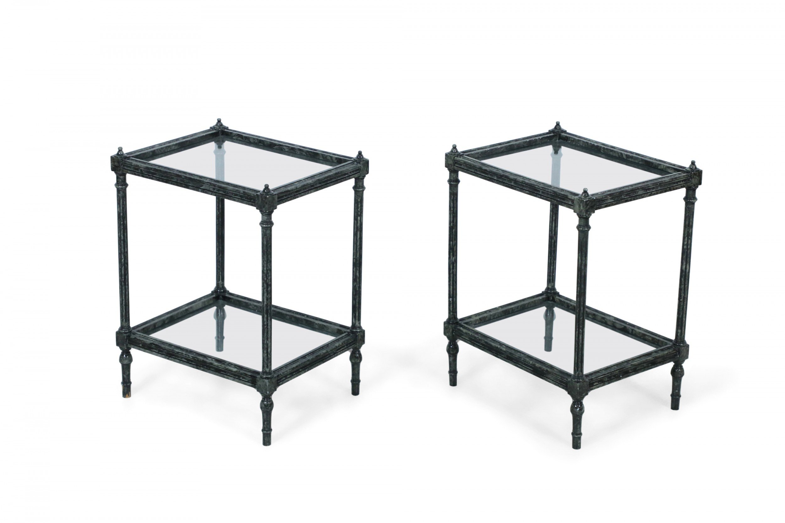 Pair of contemporary wooden faux metallic painted end tables with glass tops and glass shelf