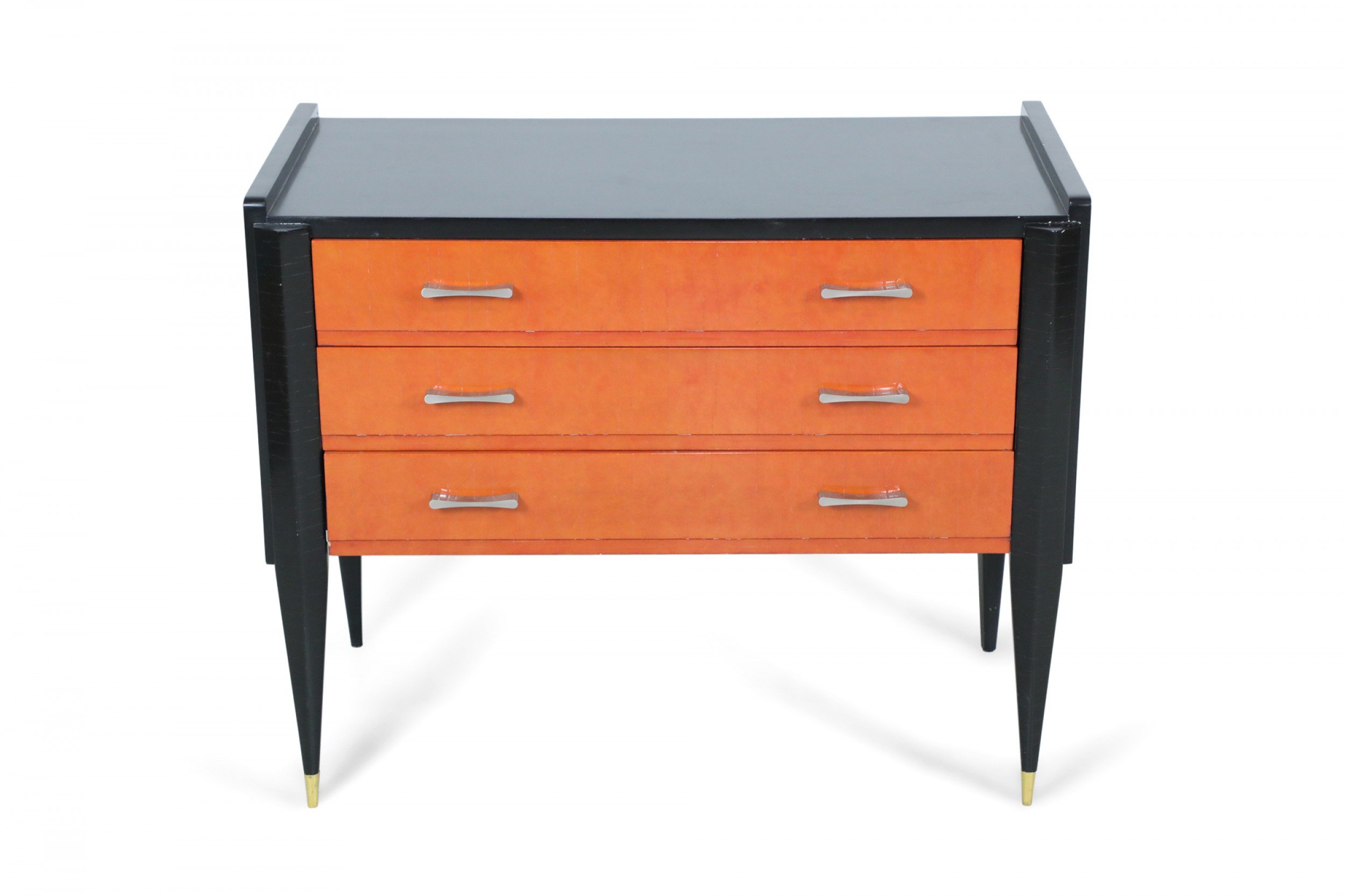 Art deco black and orange painted 3 drawer chest with beveled front legs and bronze sabots