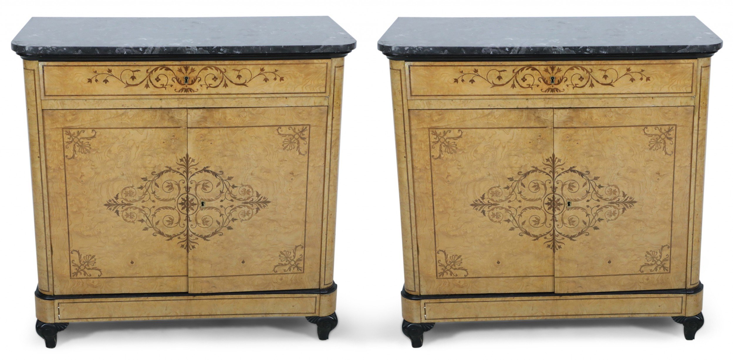 Pair of Charles X Inlaid Maple Burl Commodes with Black Marble Tops
