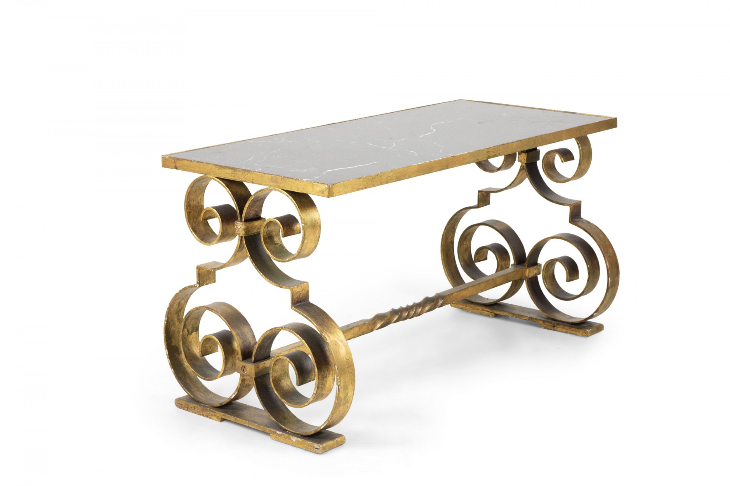 Gilbert Poillerat Style French Art Deco Gilt Metal and Black Marble Scroll Coffee Table