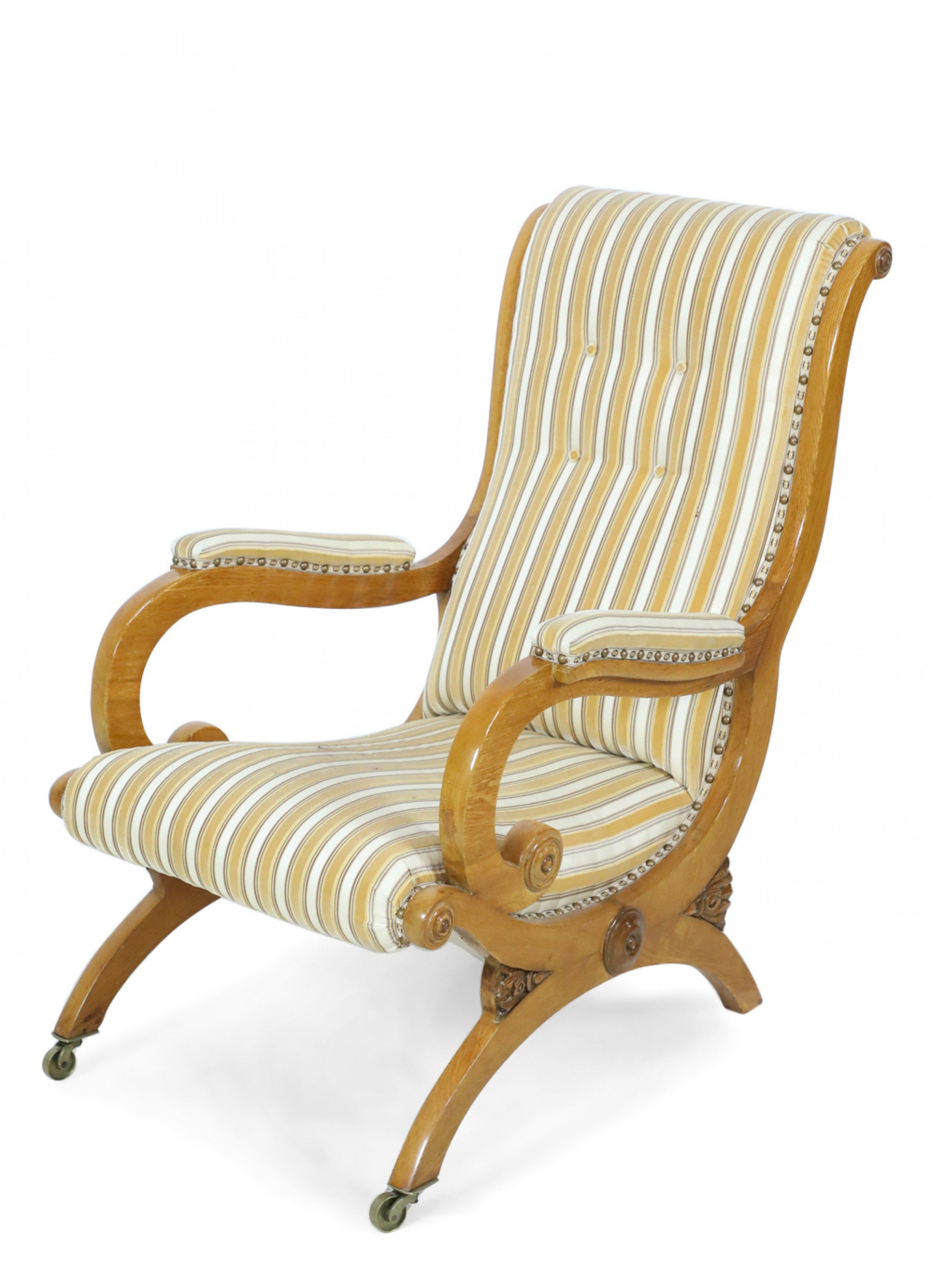 English victorian blond wood scroll armchair with striped upholstery