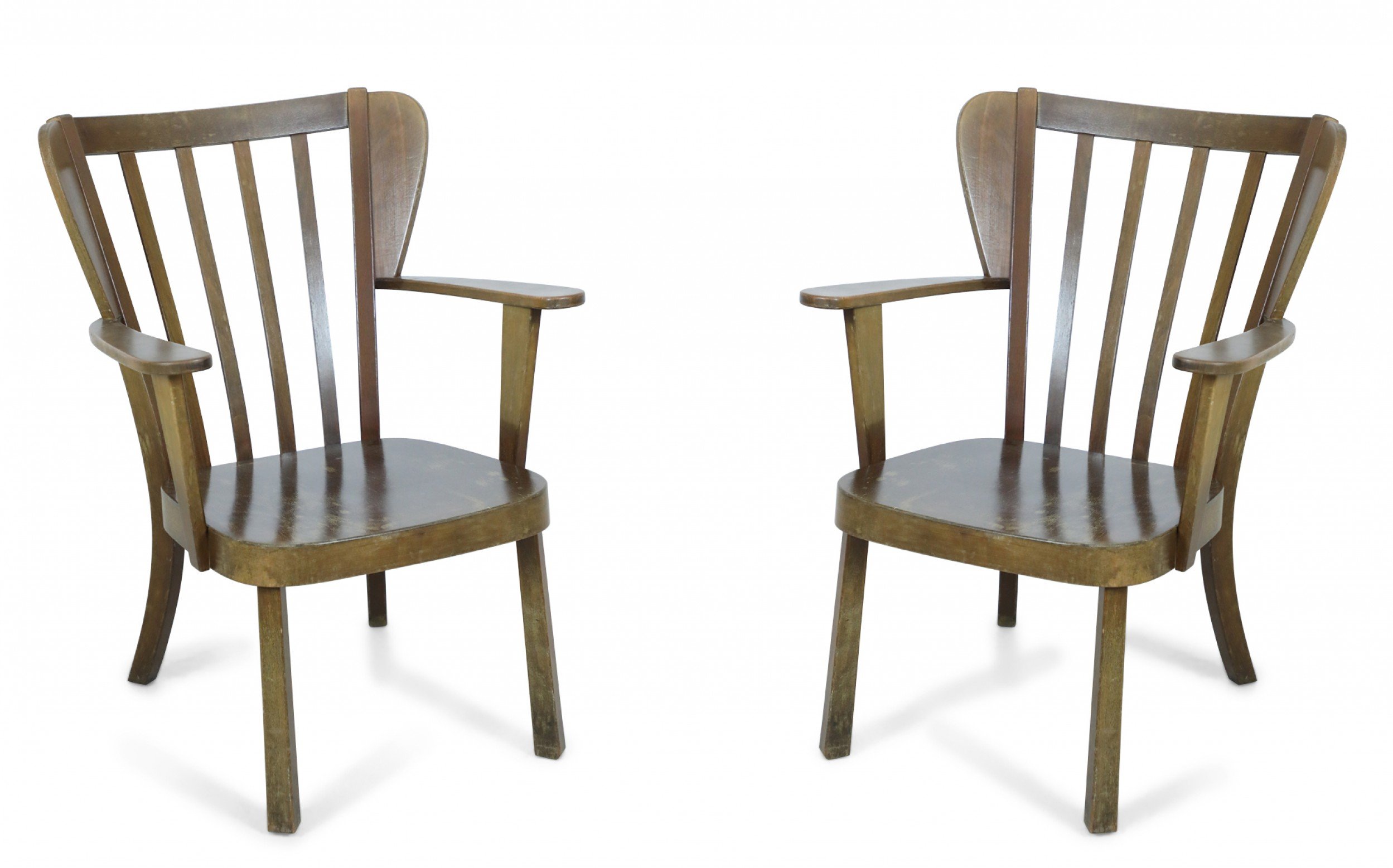 Pair of Danish Wing Back Mission Style Slat Back Armchairs