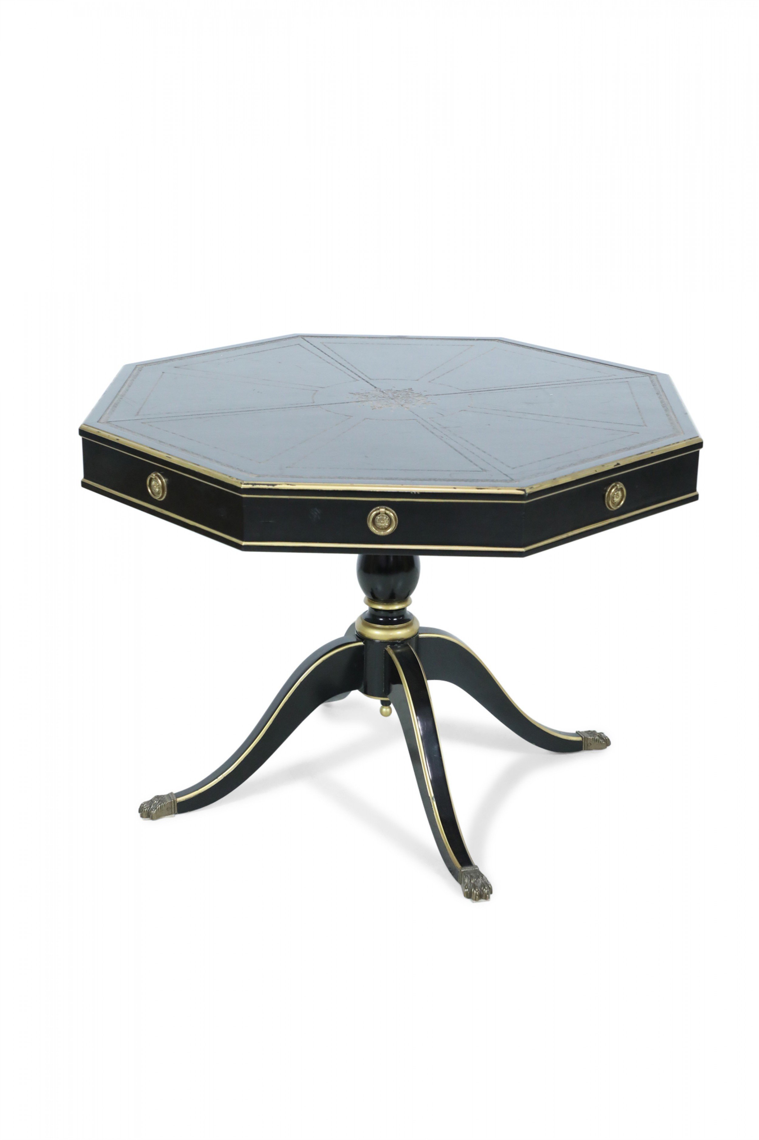 Hexagonal black painted and gilted pedestal table with embossed leather top