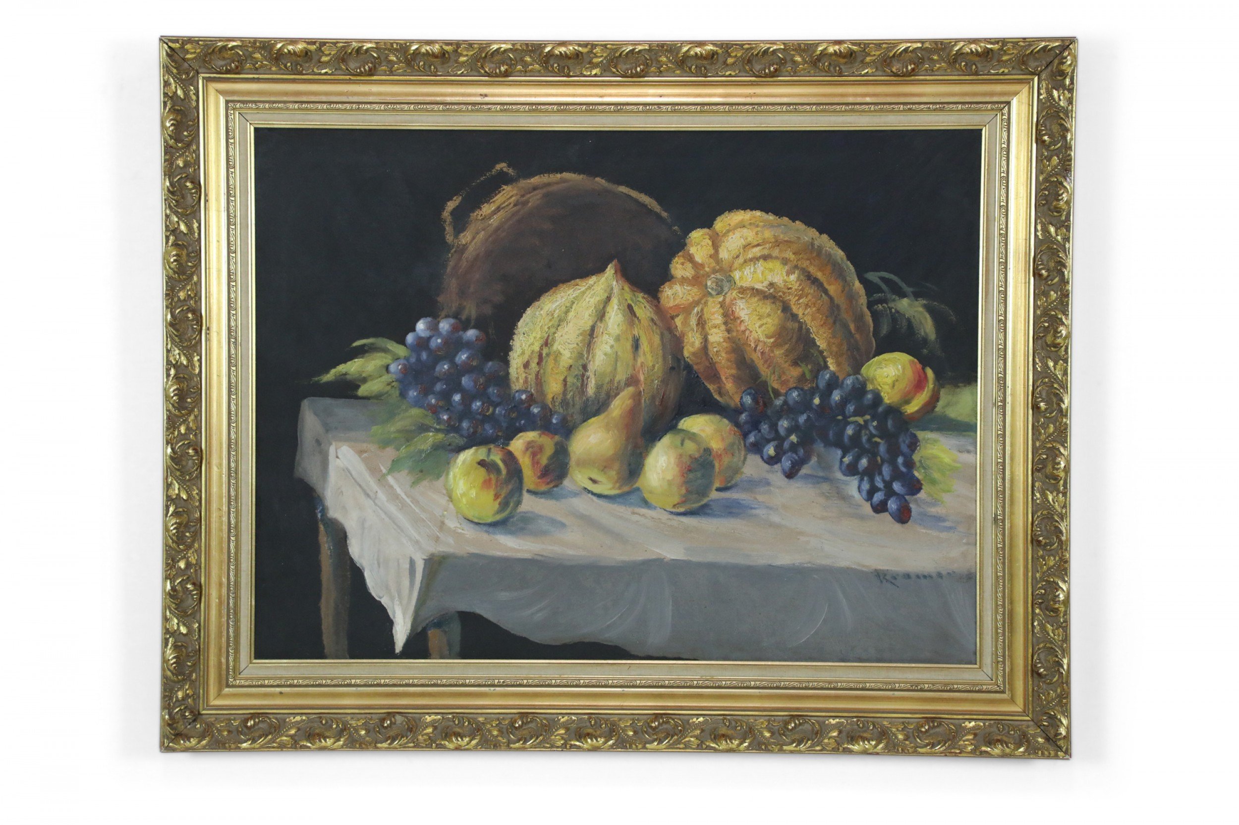 Still life painting of gourds in 19th century giltwood frame