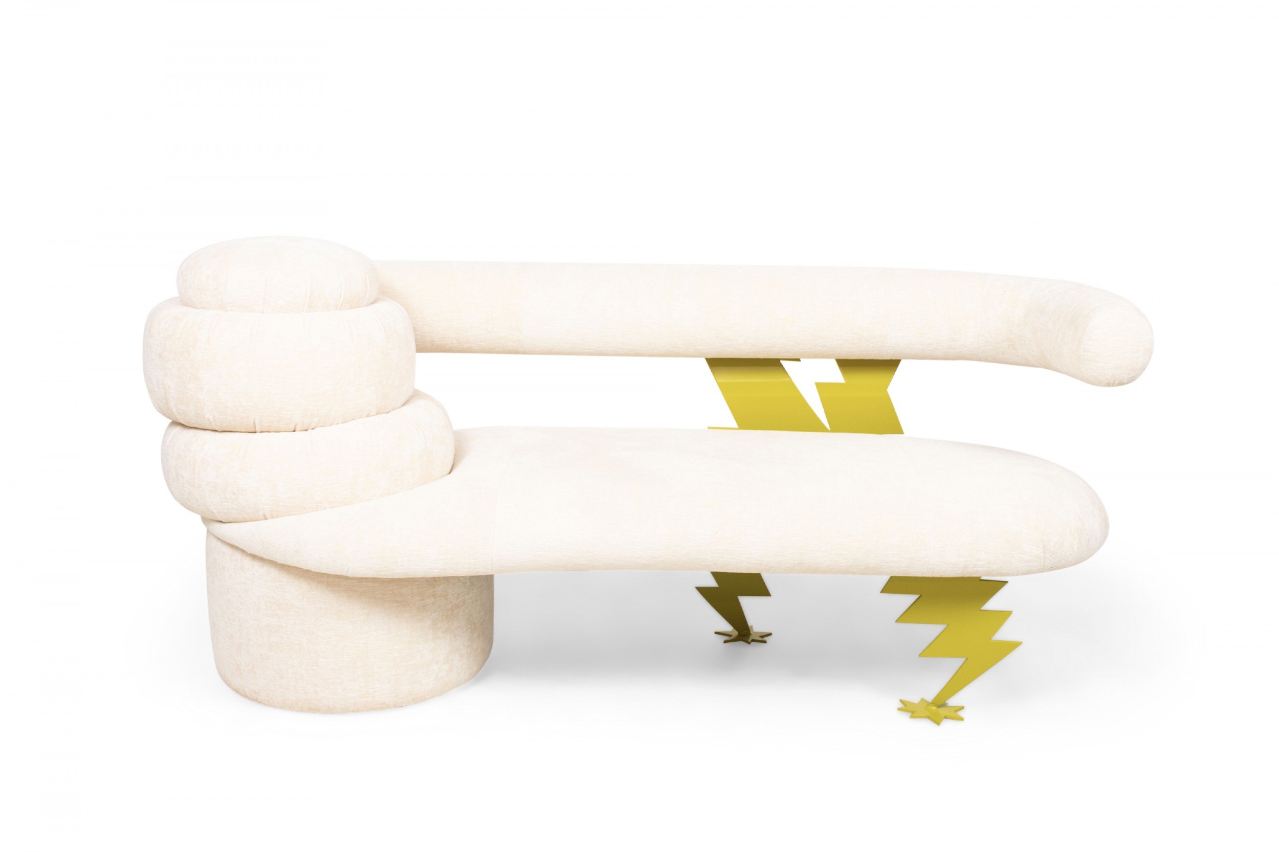 American memphis style beige velvet upholstered cloud and lightning bench sofa