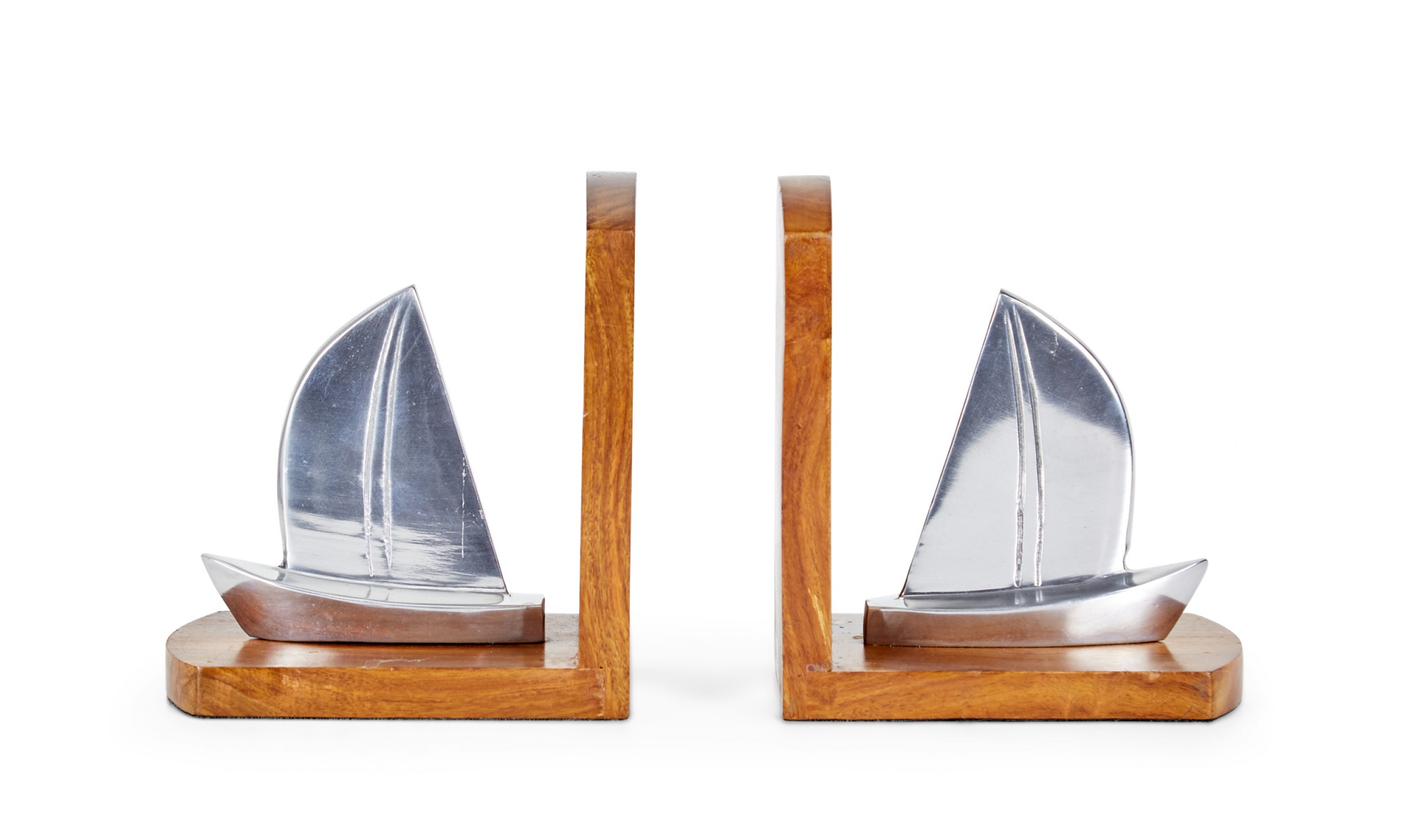Pair of mid century metal and wood sailboat bookends
