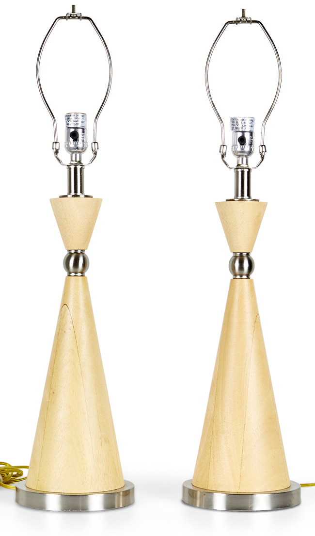 Pair of contemporary hourglass shaped pine and chrome table lamps