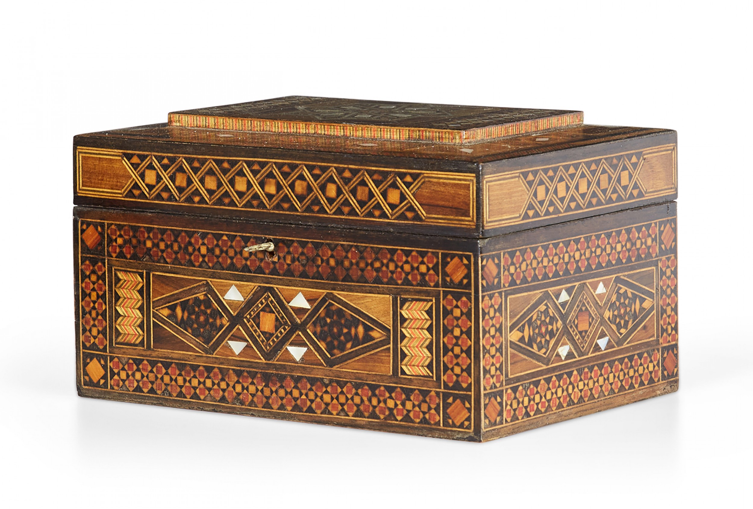 Syrian intricately inlaid wood and mother of pearl jewelry box