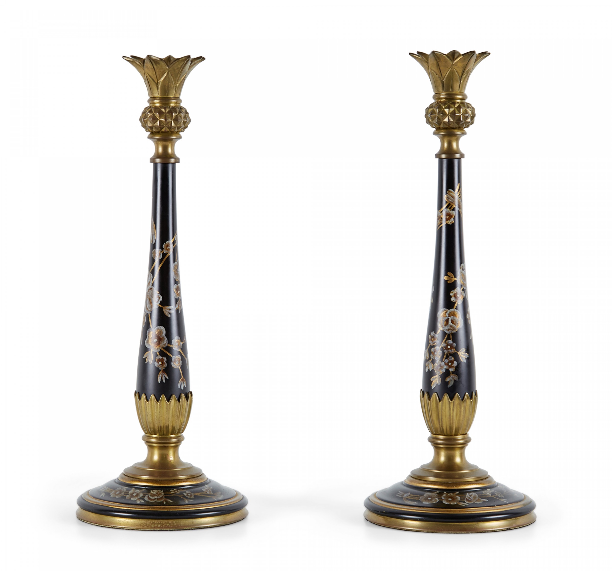 Pair of french Victoriane style bronze and hand painted floral patterned wood candlesticks