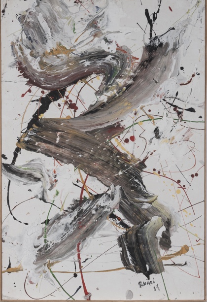 Contemporary Abstract Composition of Broad Colorful Brushstrokes and Paint Splatter of Acrylic on Canvas