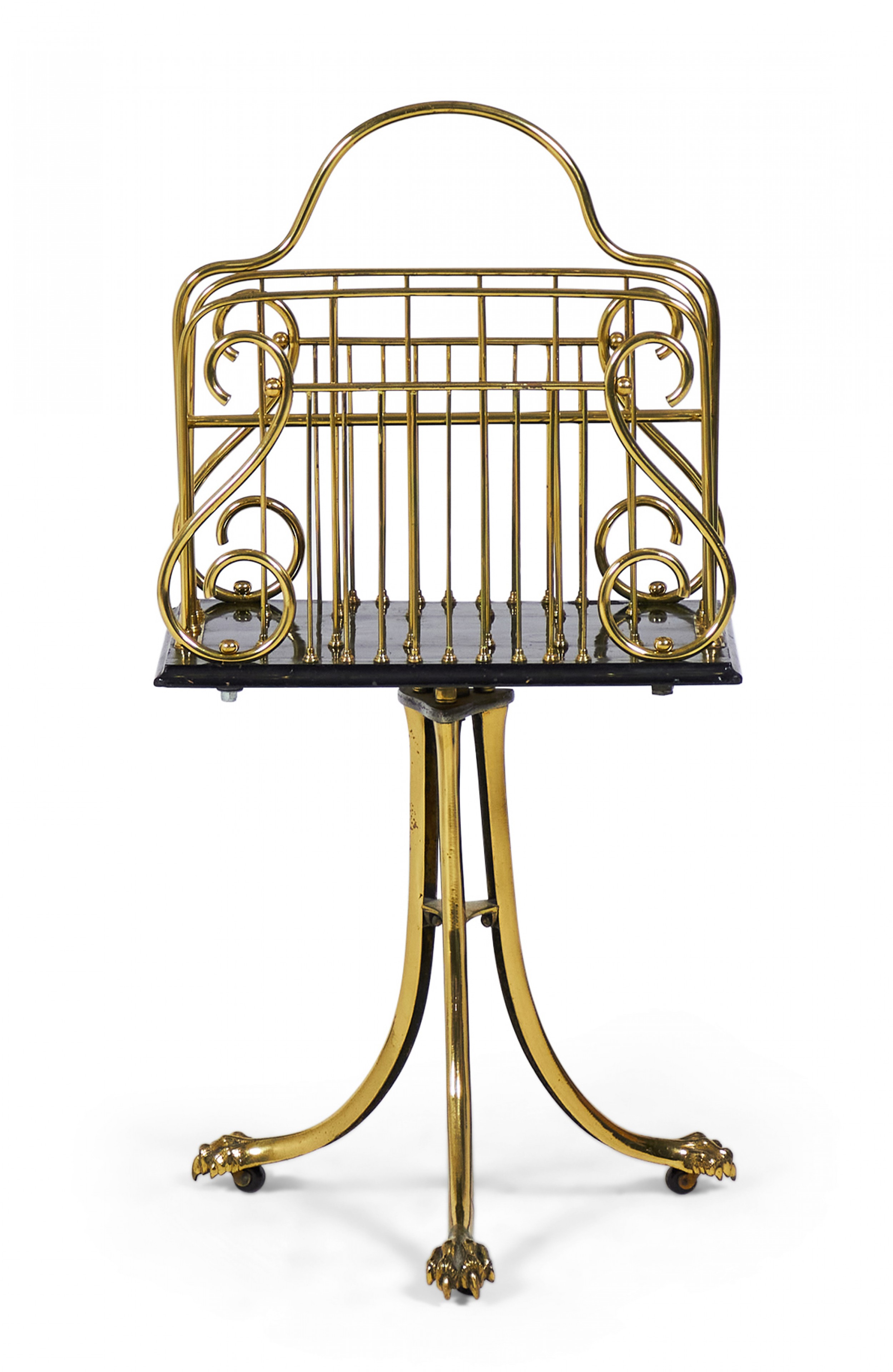 English Victorian Style Lyre Motif Brass Paw Foot Magazine Book Stand