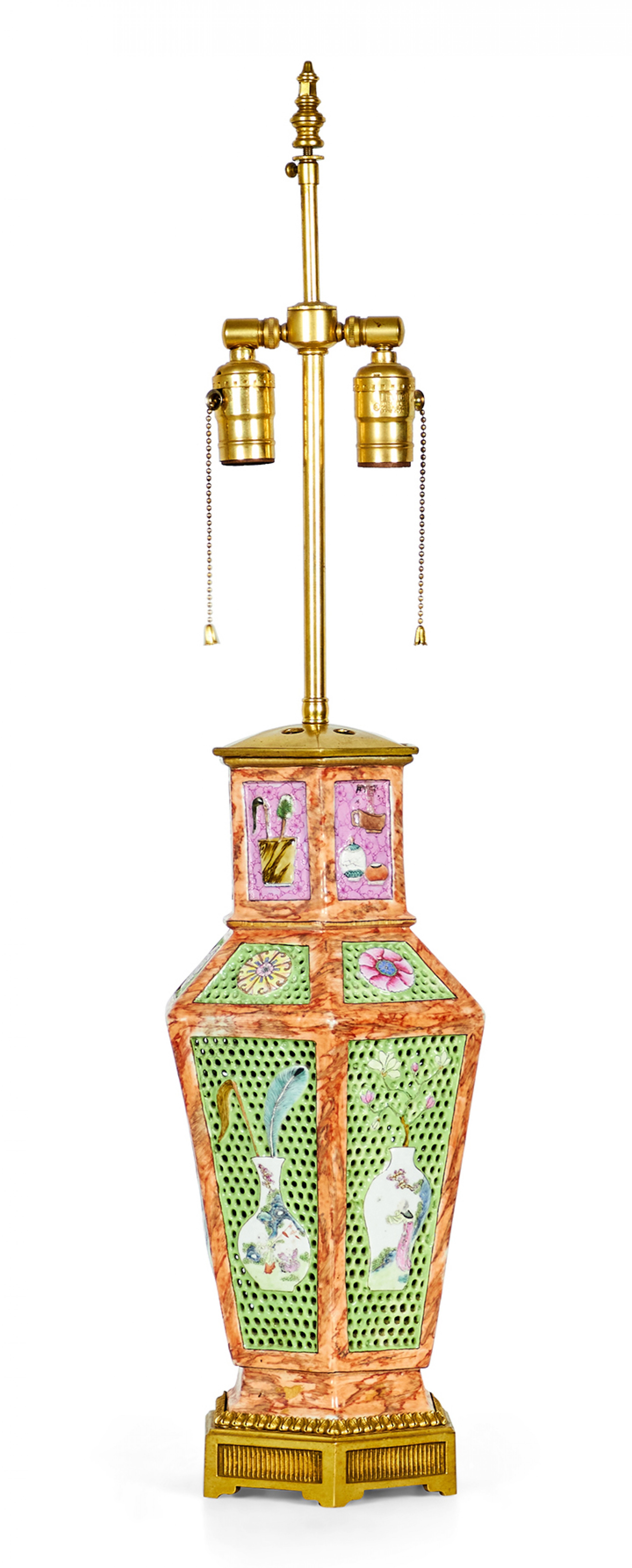 Chinese Porcelain Reticulated Octagonal Pink and Green Table Lamp