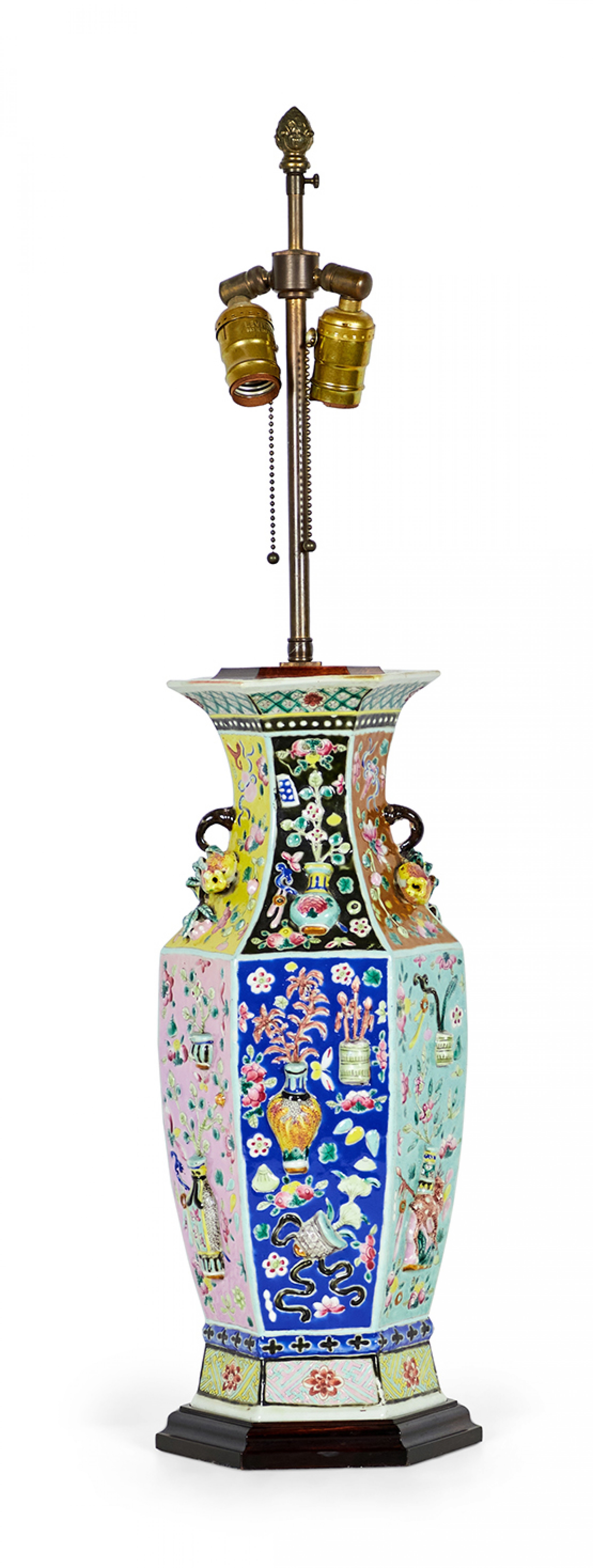 Chinese Porcelain Octagonal Multi Colored Floral and Vase Motif Table Lamp