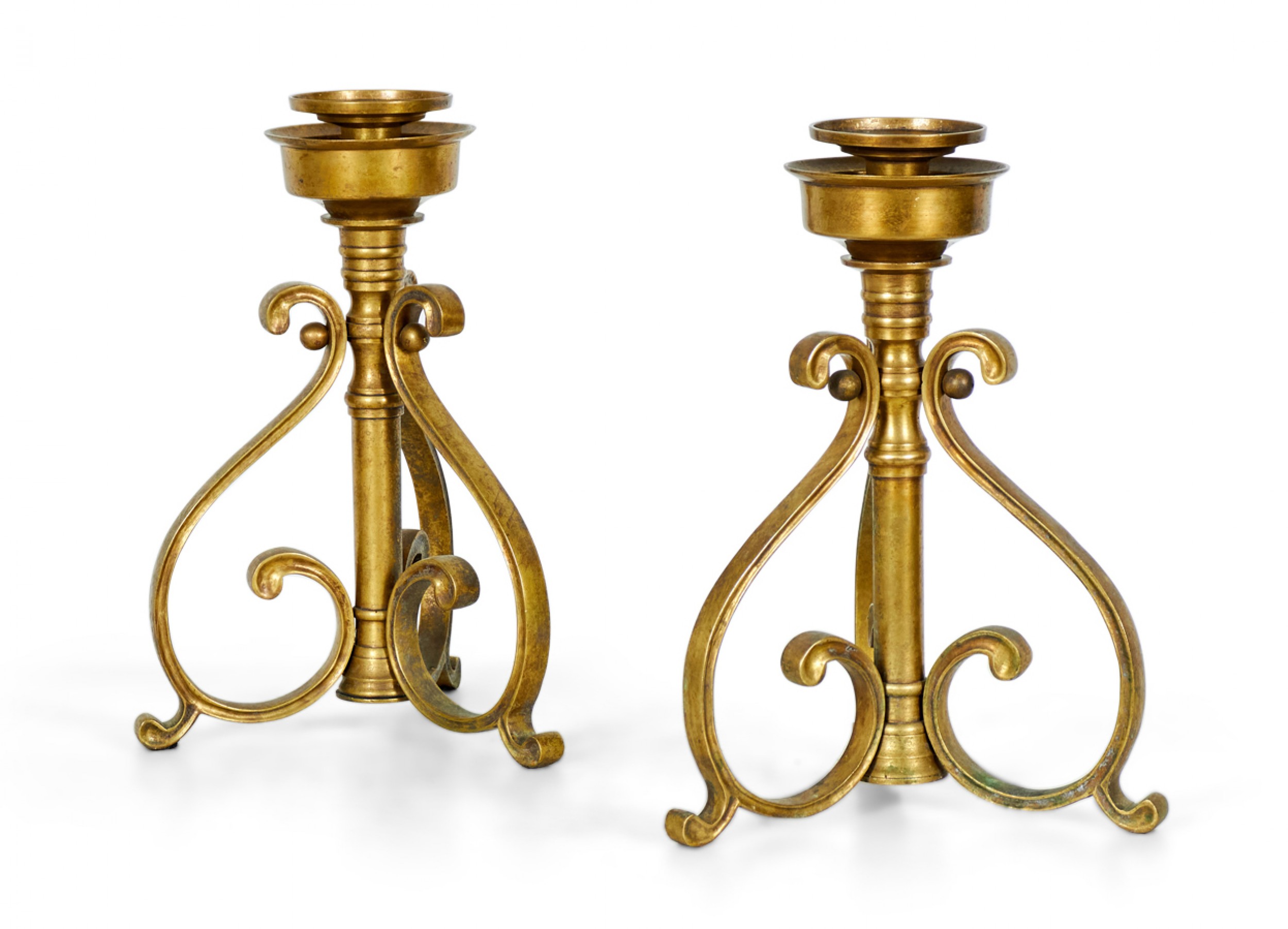 Pair of American Art Deco Bronze Scroll Design Candlesticks