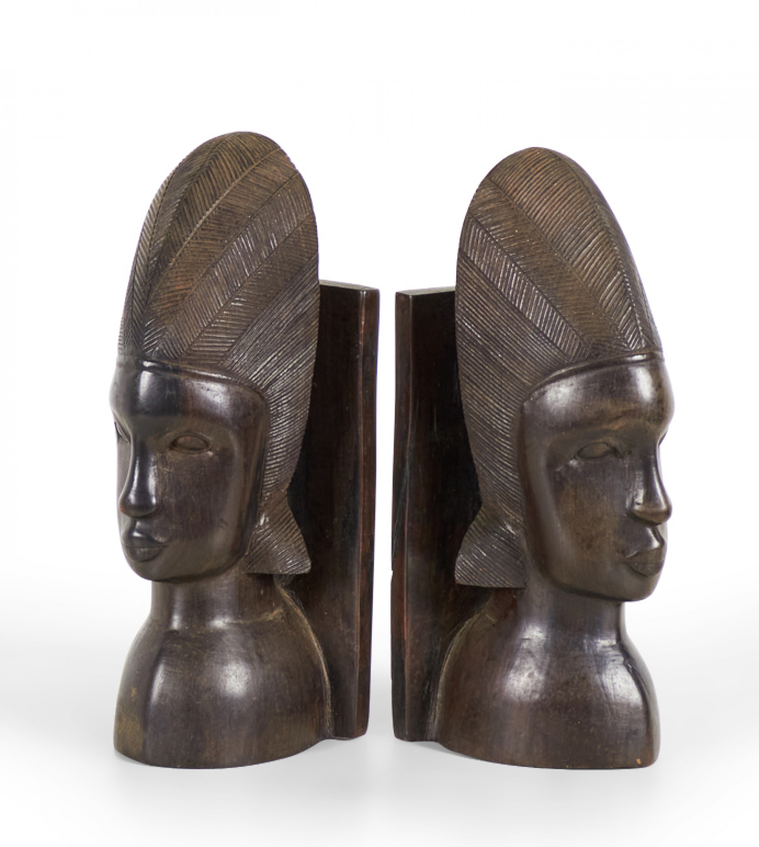 Pair of African Tanzanian Carved Ebony Wood Bust Bookends