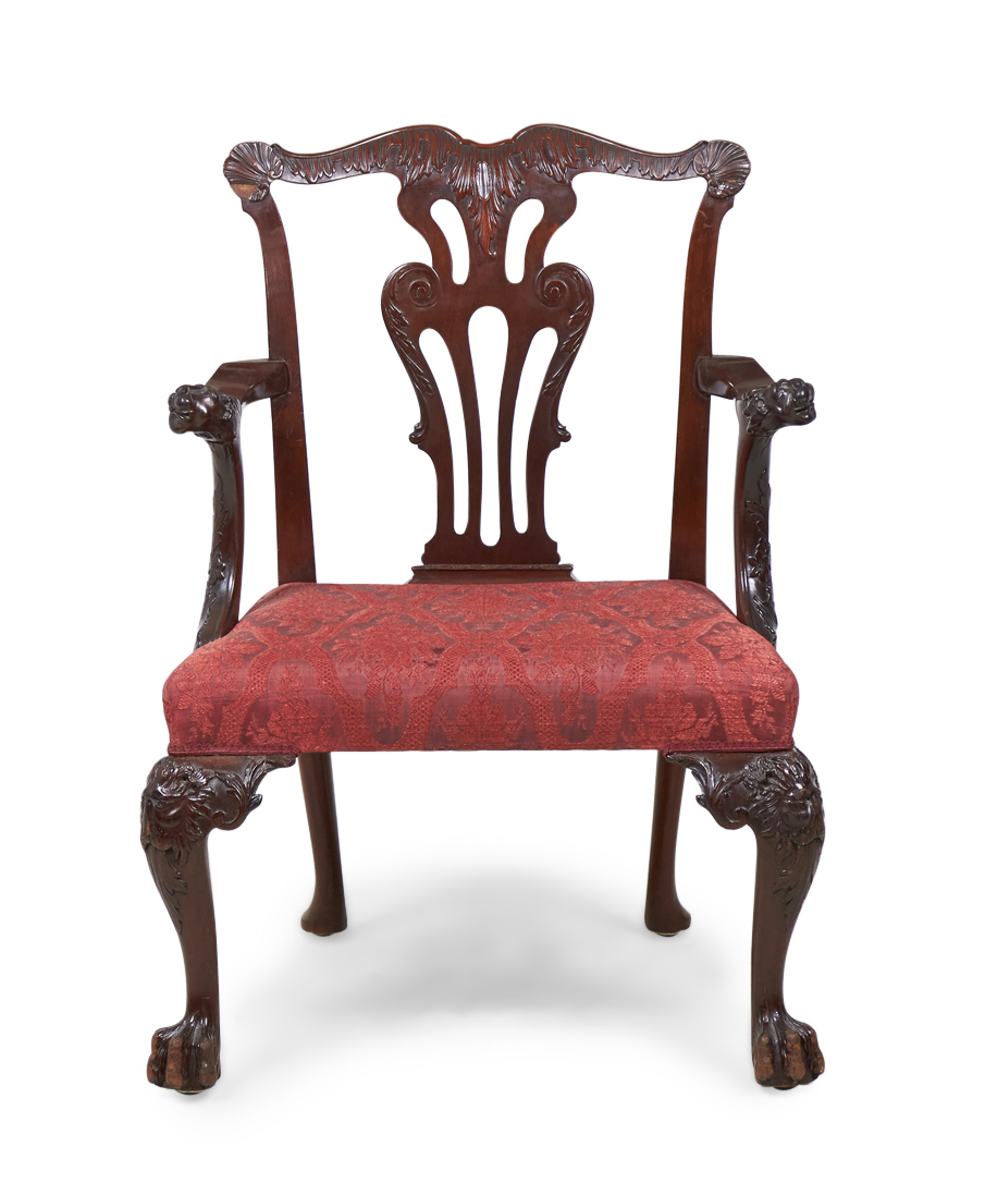 English Chippendale Mahogany and Red Upholstery Dining Armchair