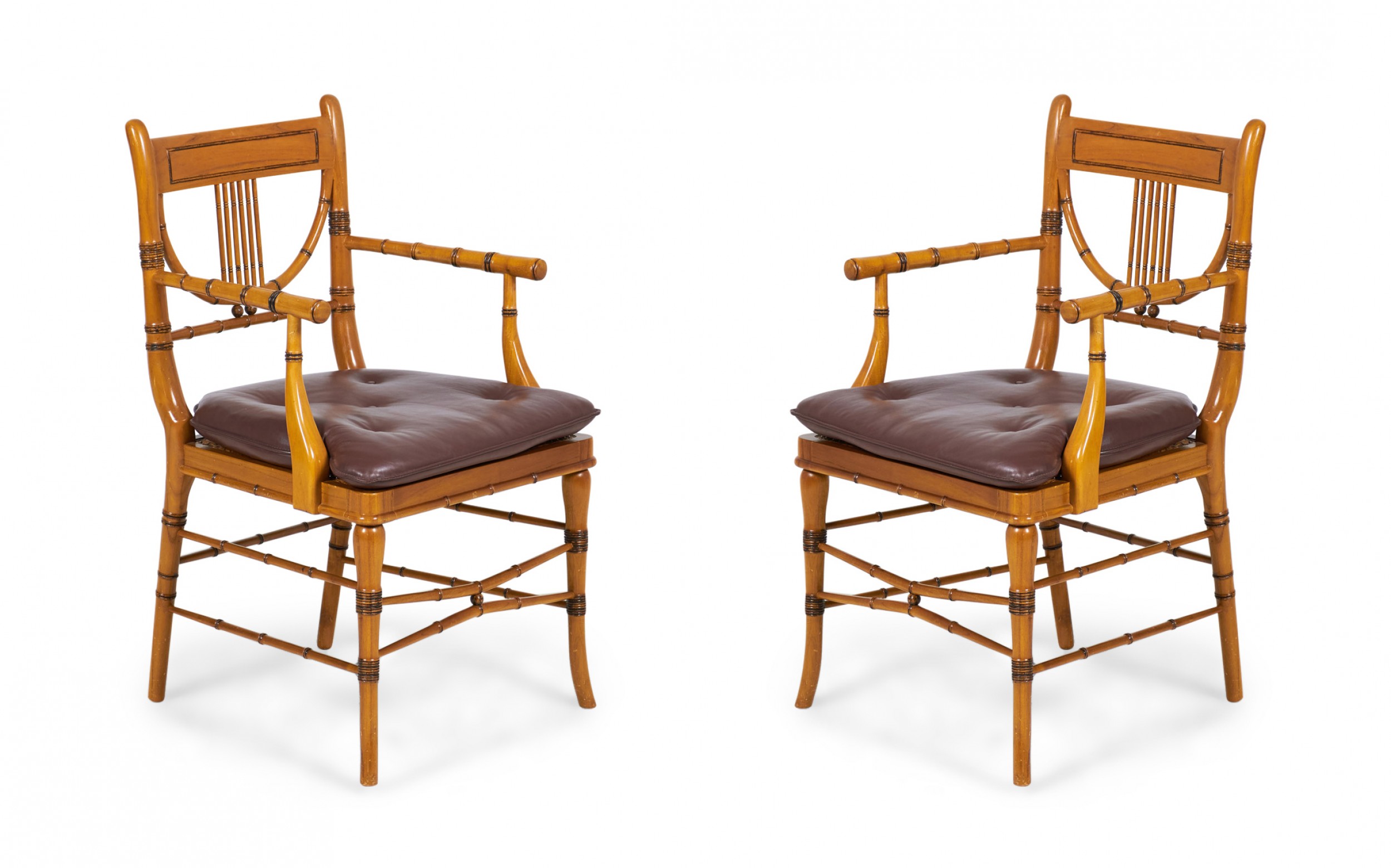 Pair of Bamboo and Leather Upholstered Armchairs