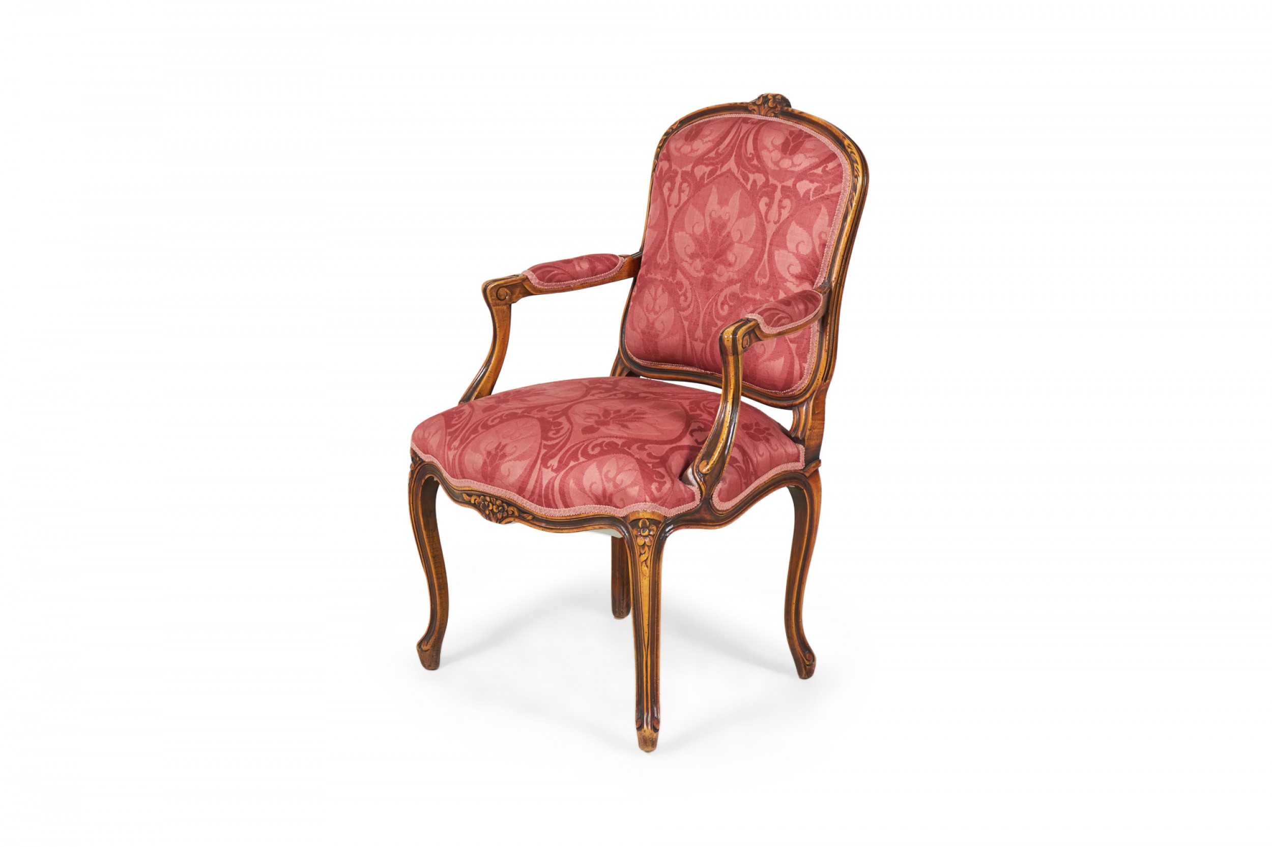 Pair French Provincial Style Carved Walnut and Pink and Red Damask Upholstered Armchairs