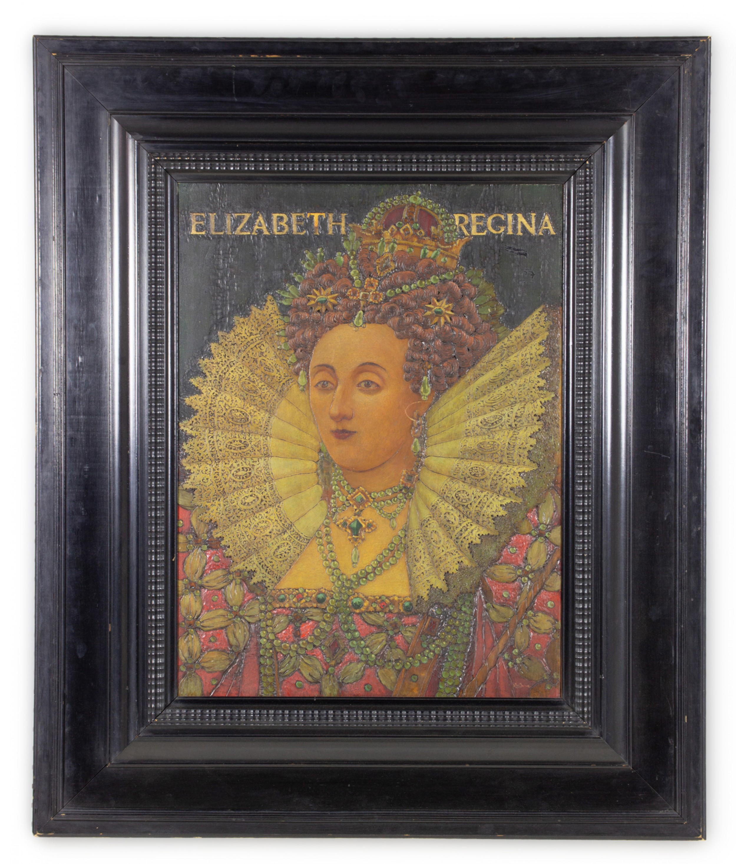 F William Fosdick American Victorian Incised Wood and Oil Paint Portrait of Queen Elizabeth