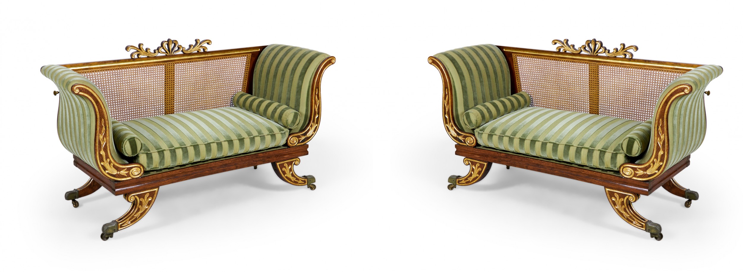 Pair of English Regency Style Faux Painted Rosewood and Parcel Gilt Caned Back Settees