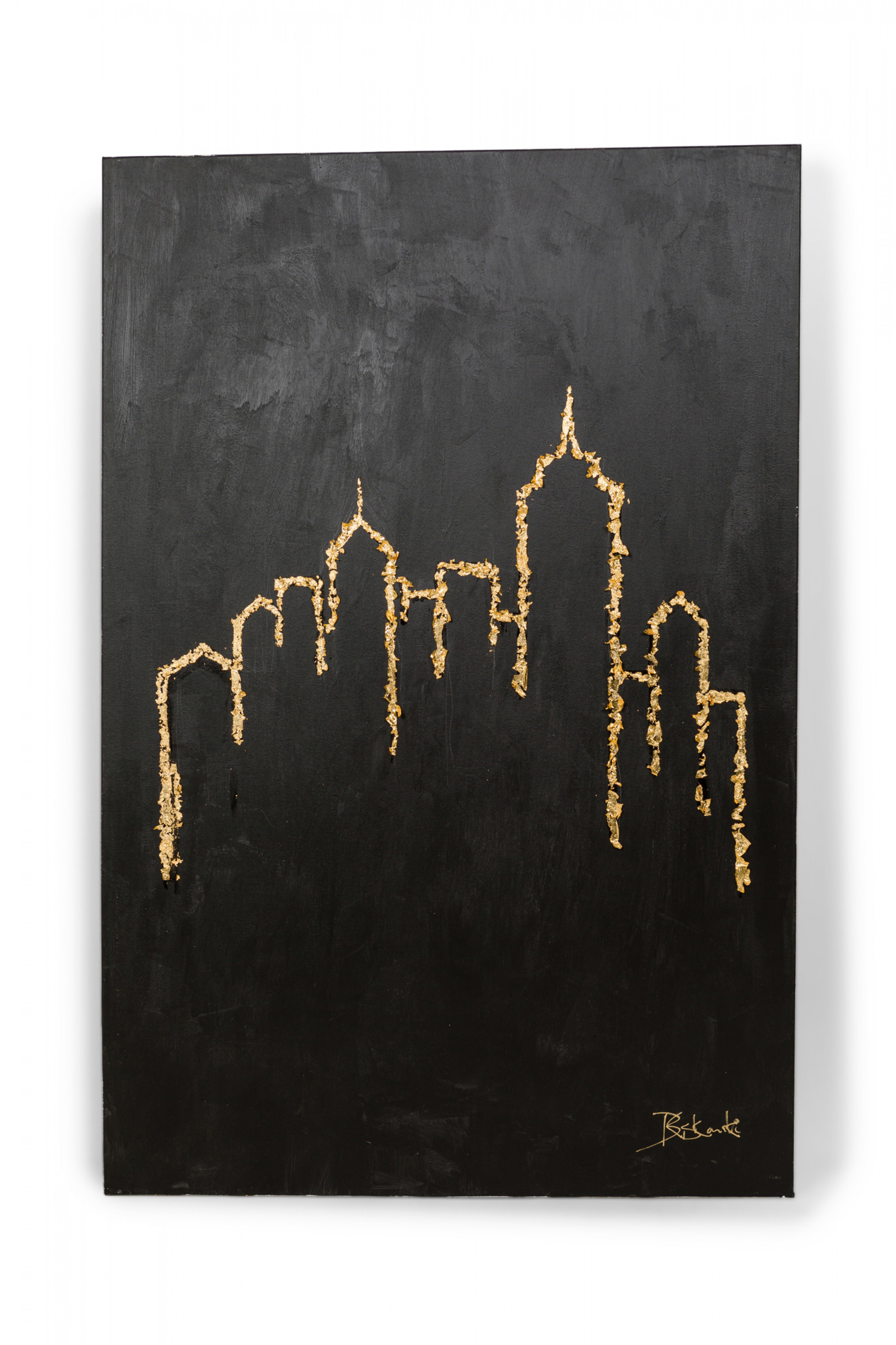 Contemporary Gold Leaf and Black Acrylic Abstract New York Skyline Painting on Canvas
