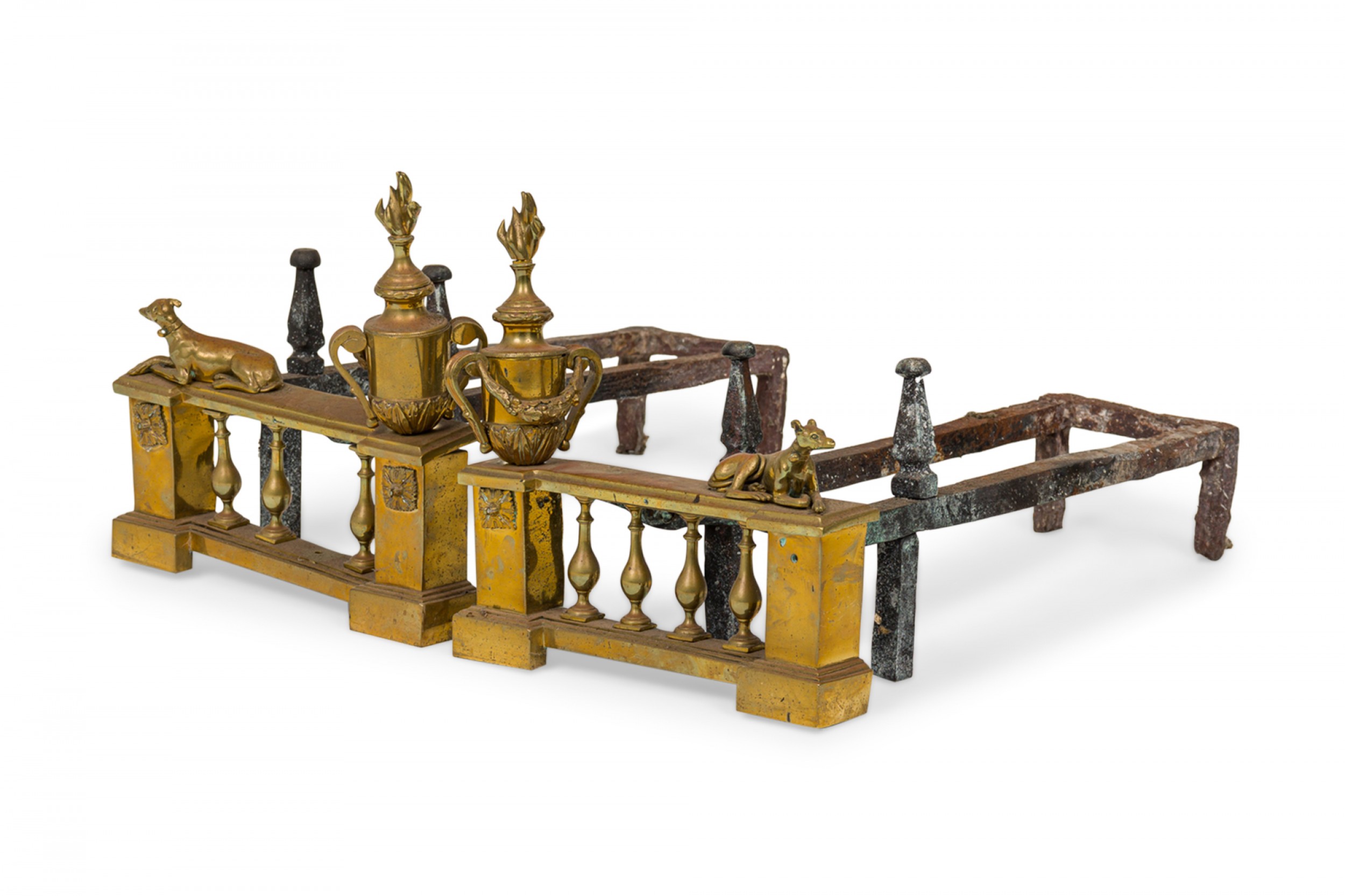 Pair of english victorian style flame and urn finial and greyhound figure andirons