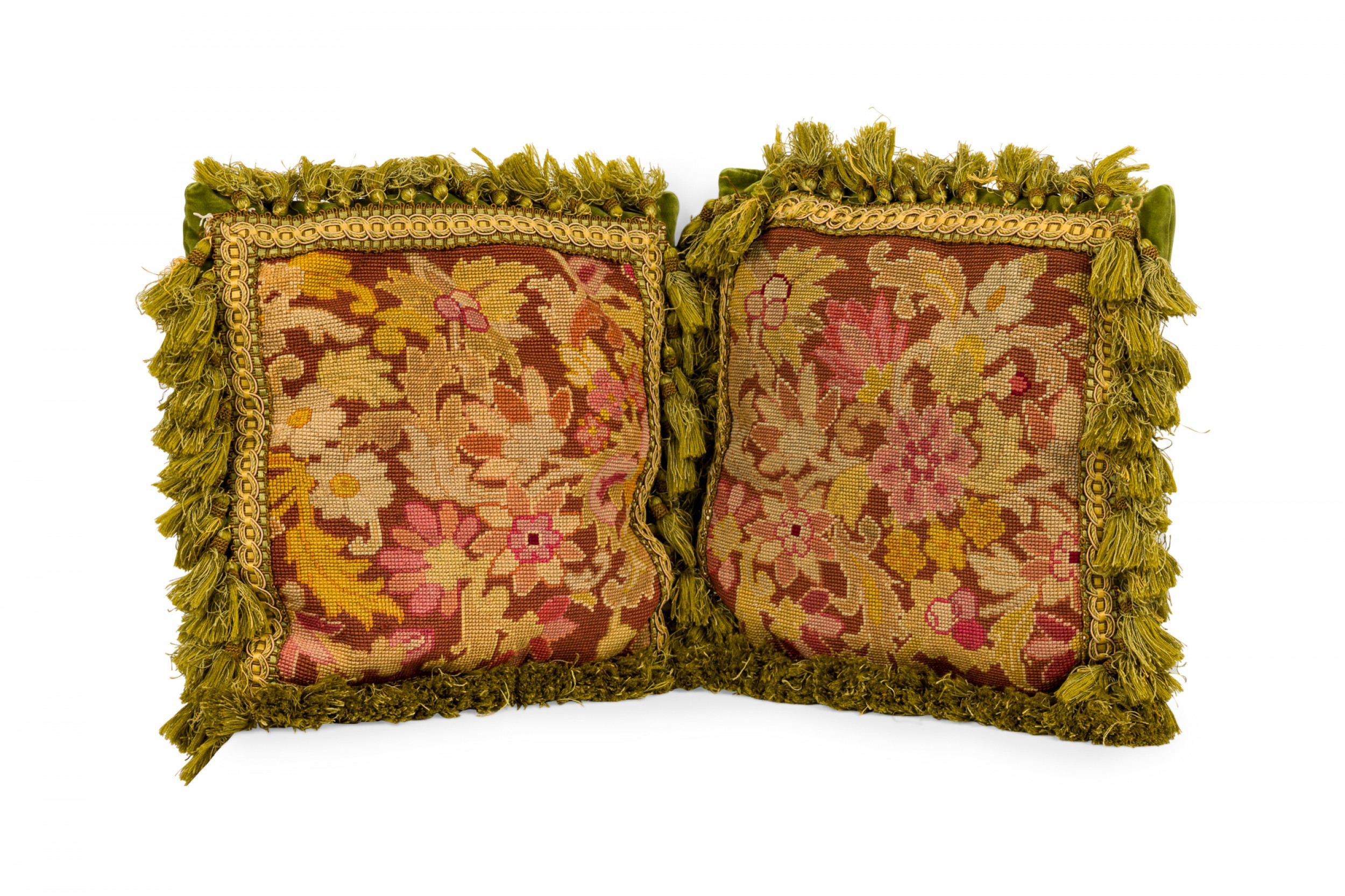 Pair of french victorian style pink floral and green tapestry throw pillows