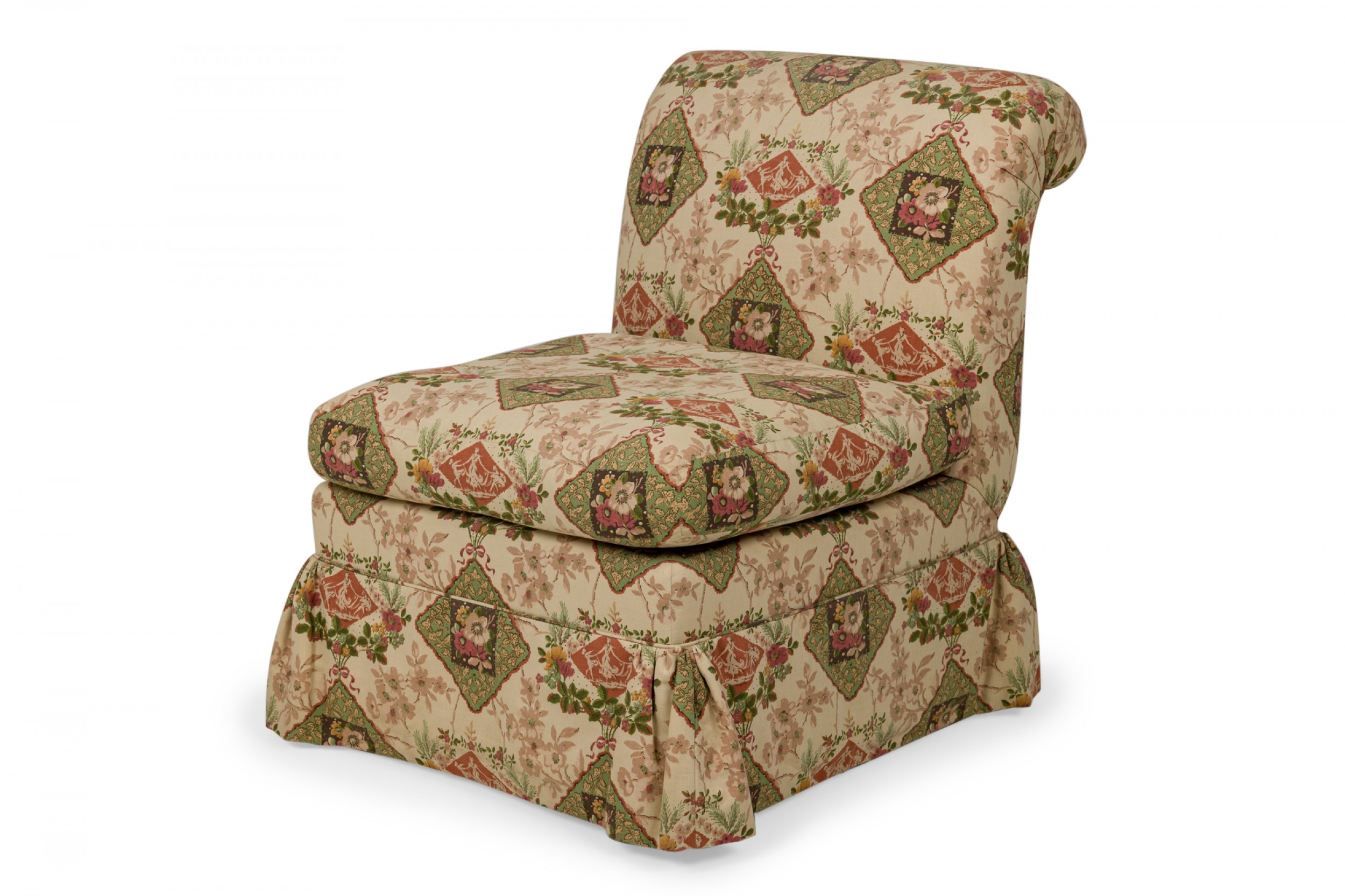 Contemporary beige floral and genre scene patterned upholstered slipper chair