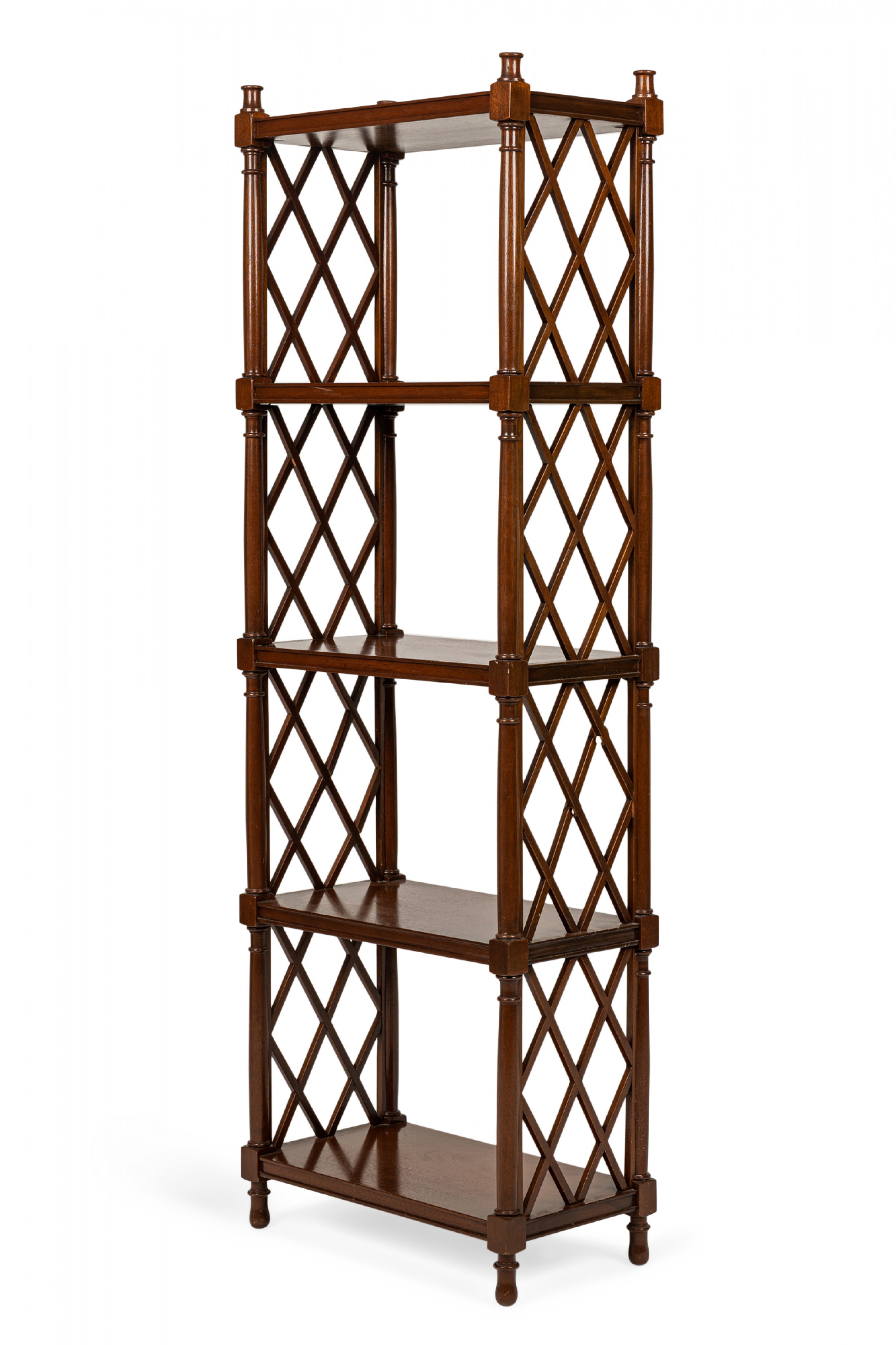 English regency style mahogany lattice sided 4 shelf etagere bookshelf
