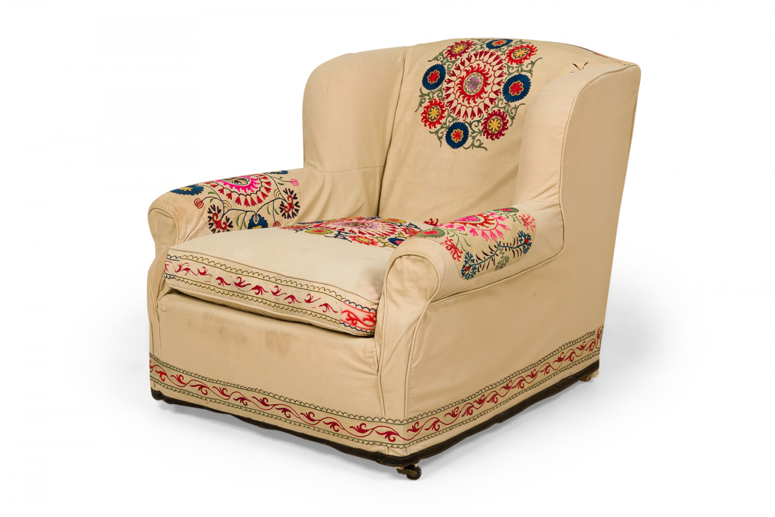 French victorian style gold and beige striped upholstered armchair with custom floral slipcover