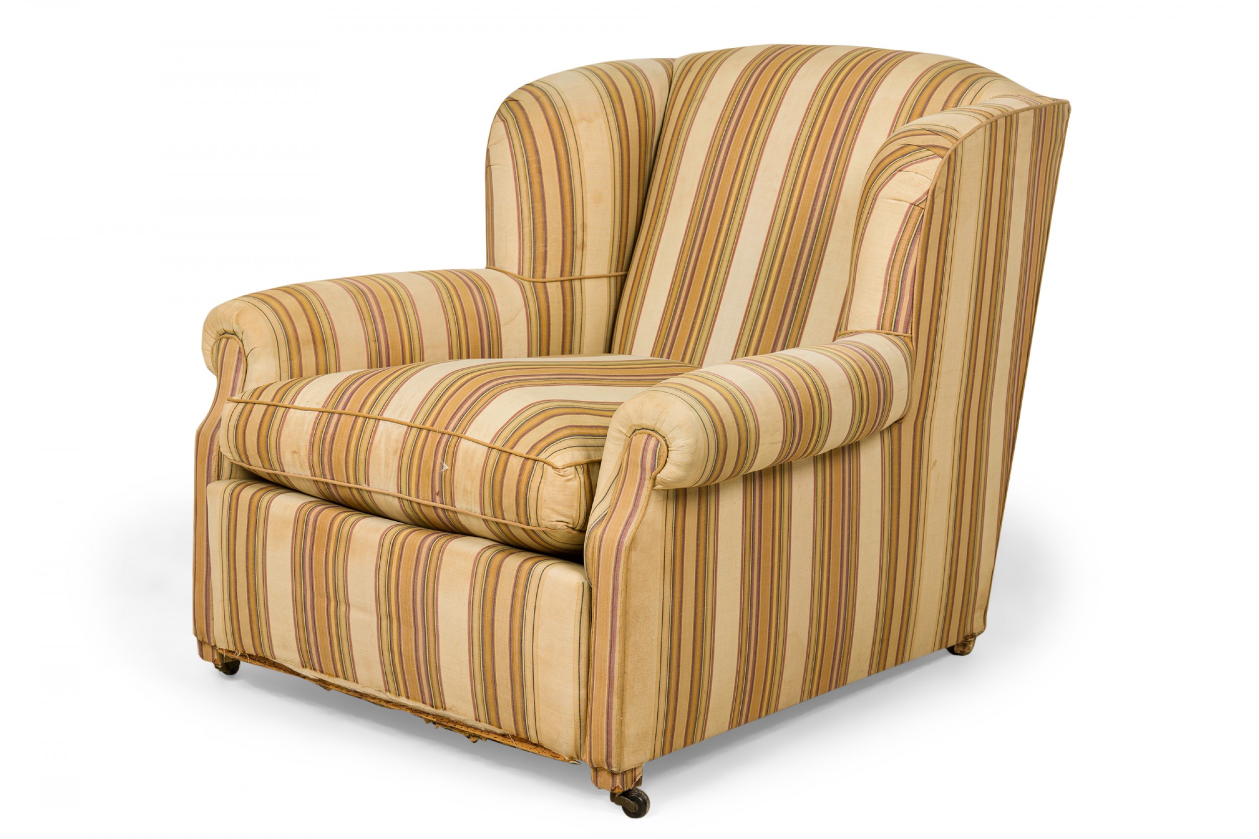 French victorian style gold and beige striped upholstered armchair with custom floral slipcover