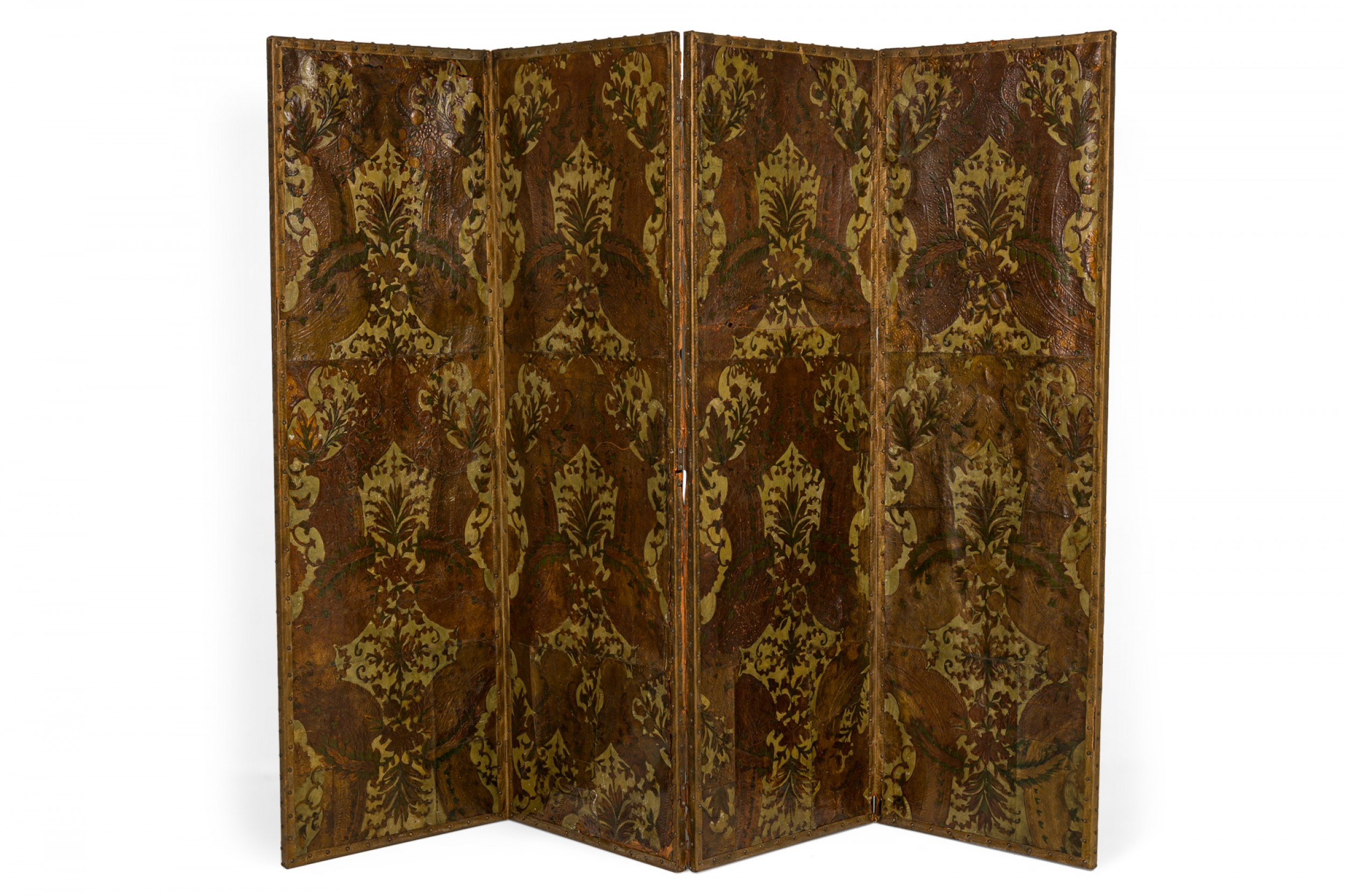 Antique italian tooled leather floral design four panel folding screen