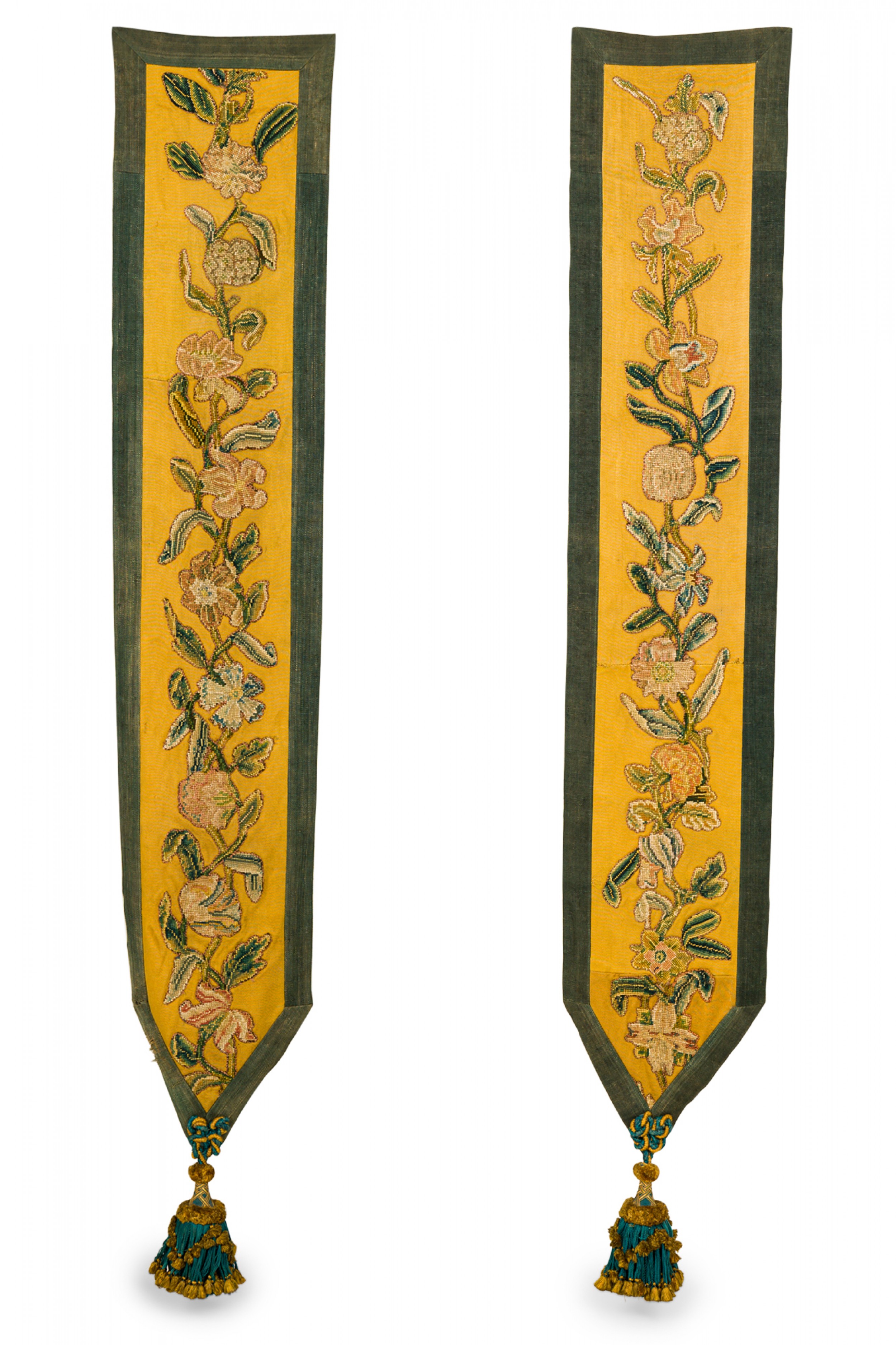 Pair of antique yellow and green floral needlepoint tapestry wall hangings