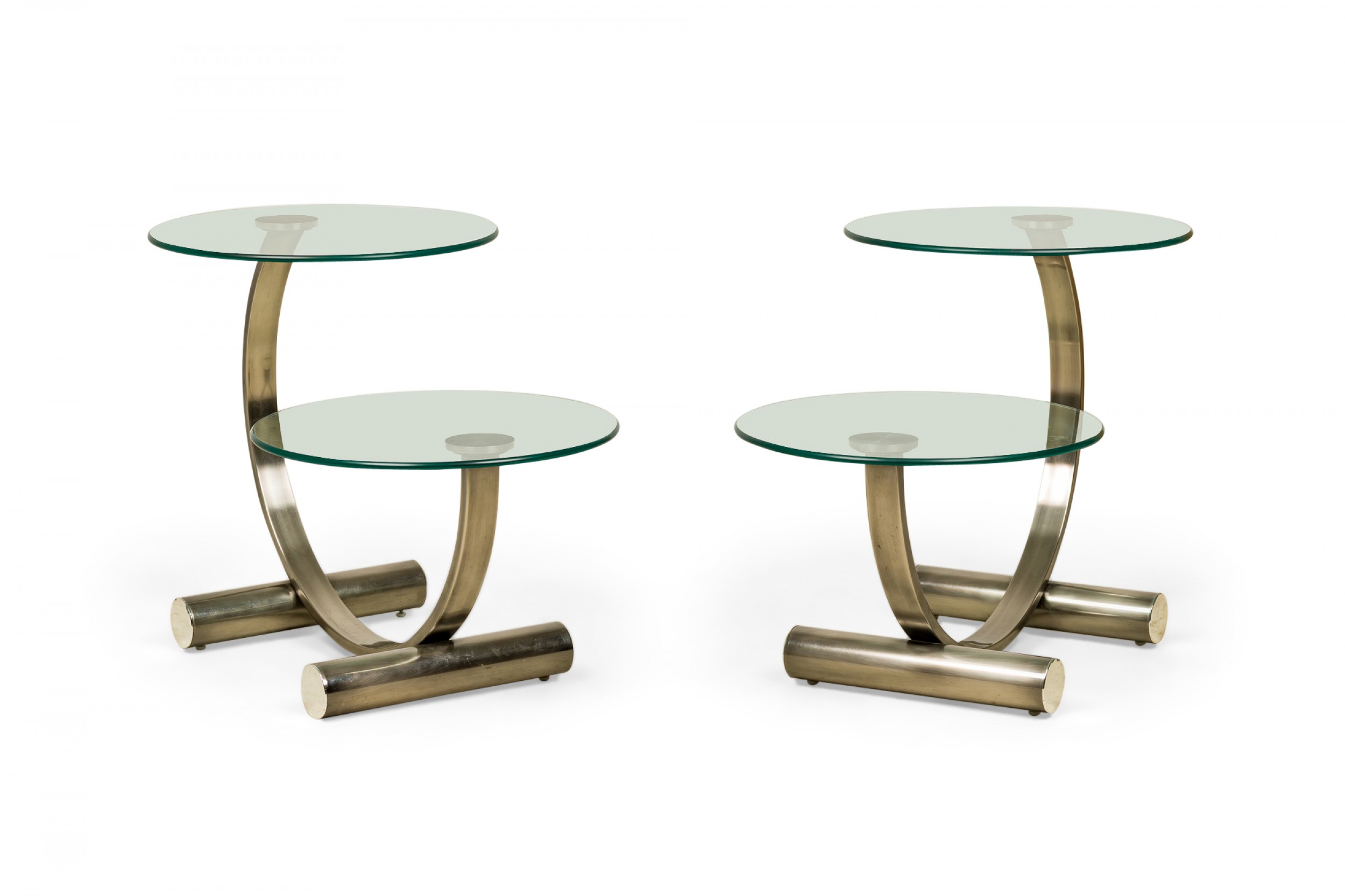 Mid century modern two tier circular glass silver metal frame end tables