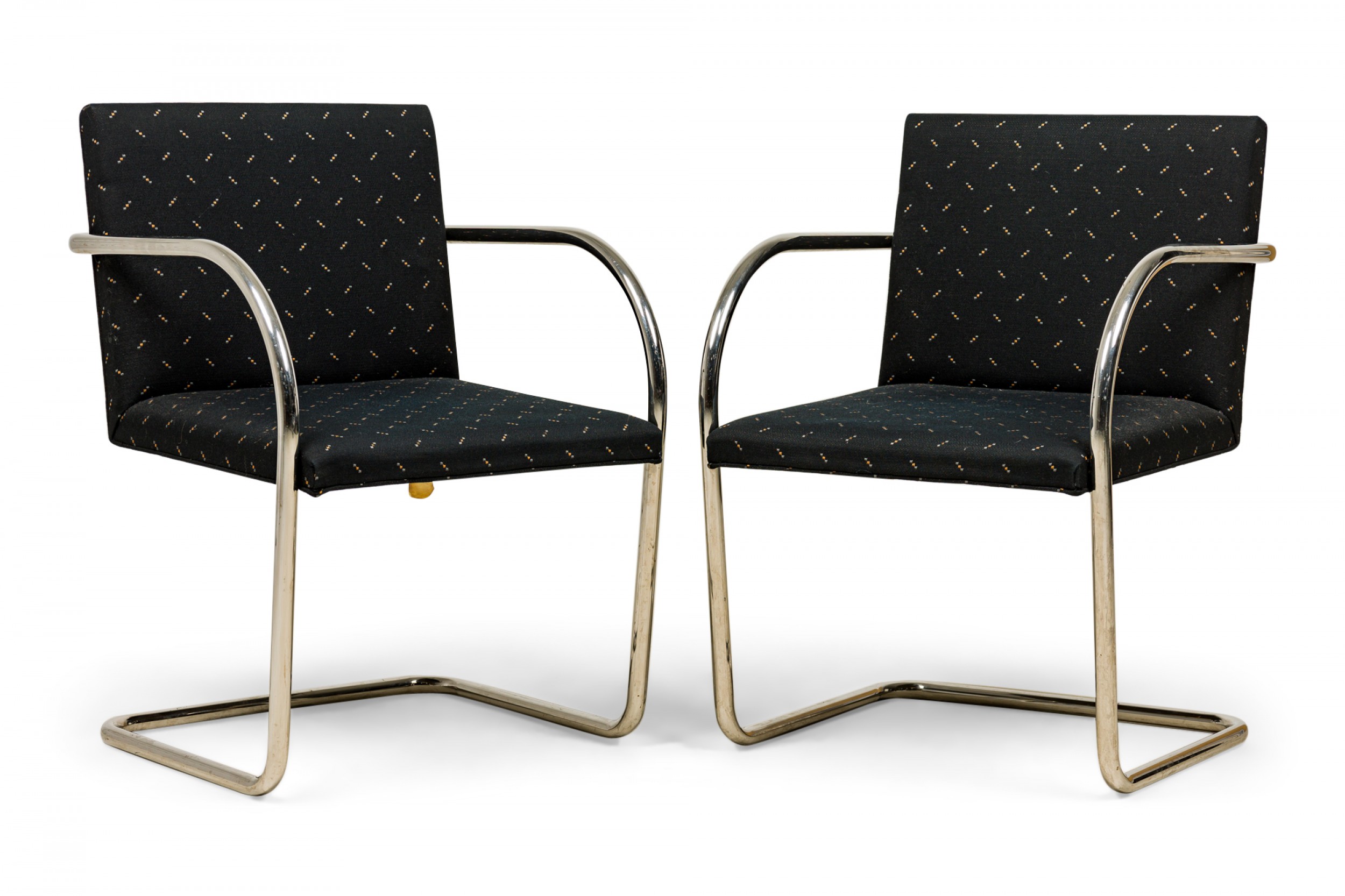 Pair of knoll mid century modern chrome tube and black fabric upholstered brno armchairs