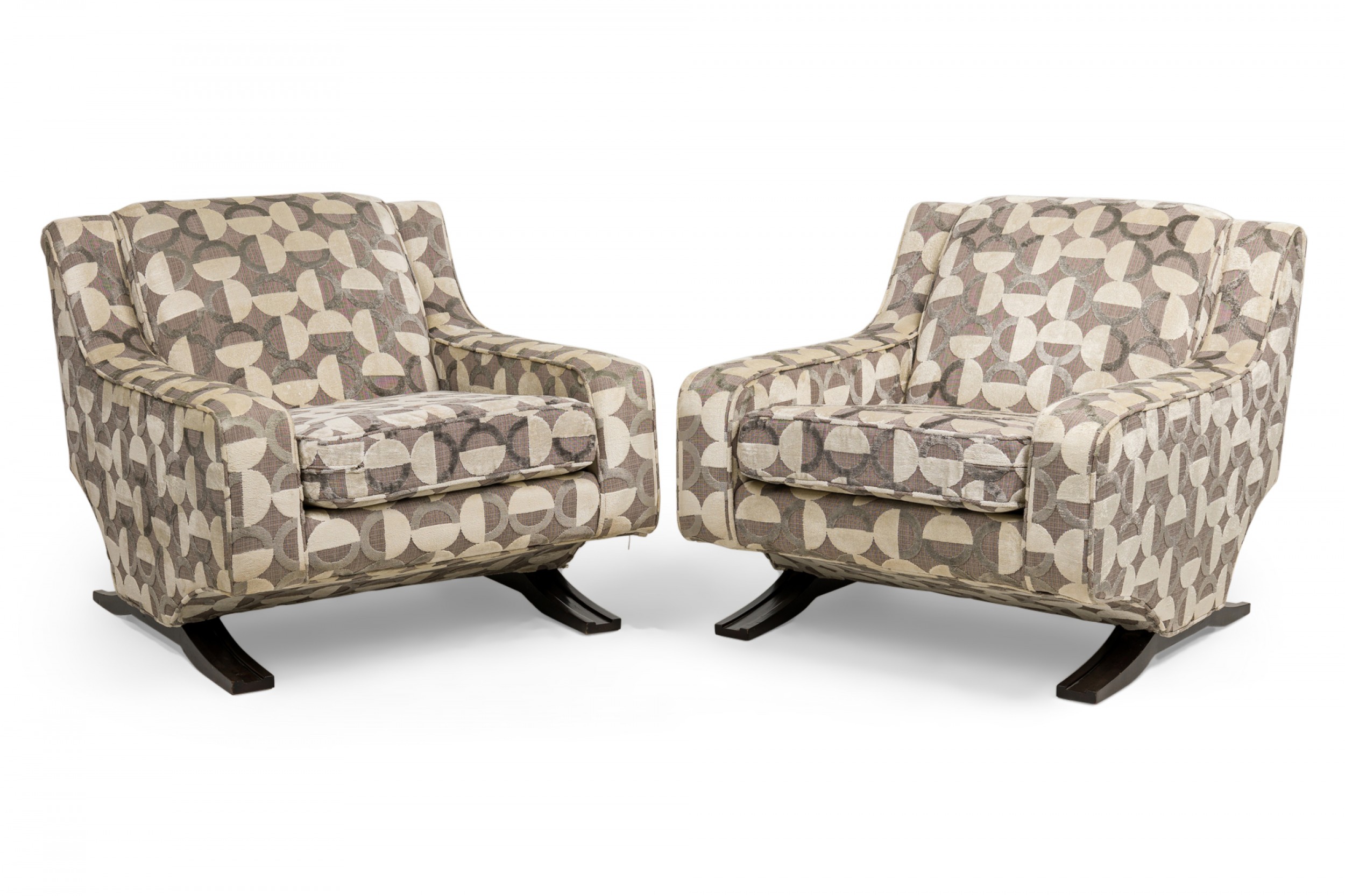 Pair of contemporary modern beige and gray upholstered armchairs with ebonized bases