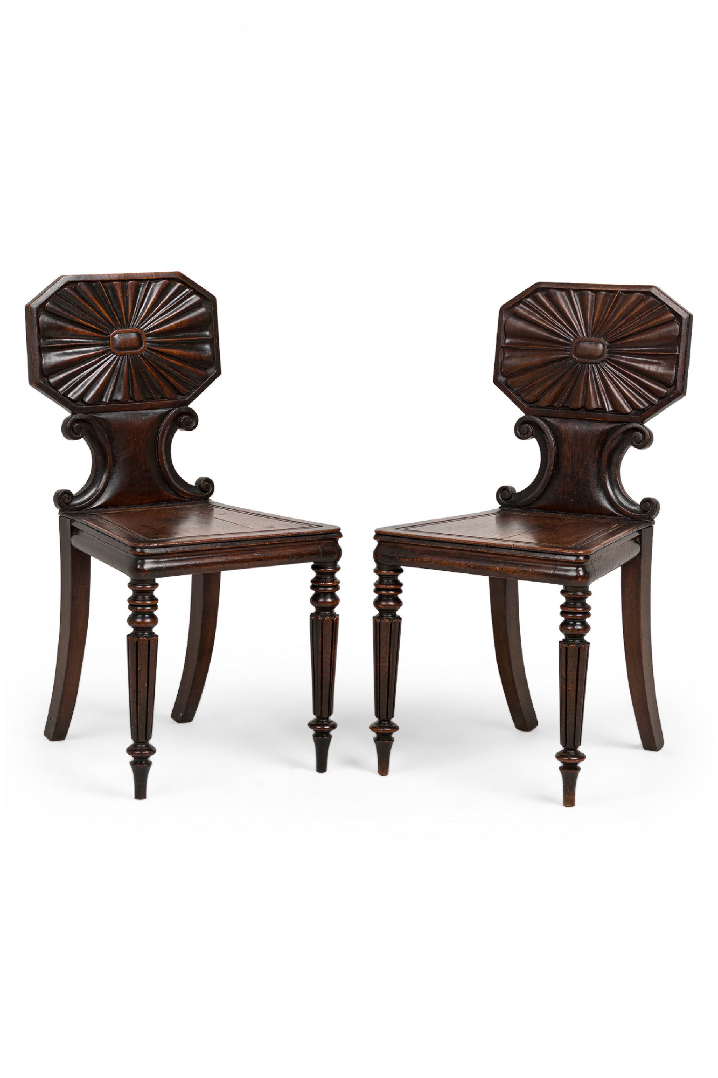 English regency carved mahogany hall side chairs