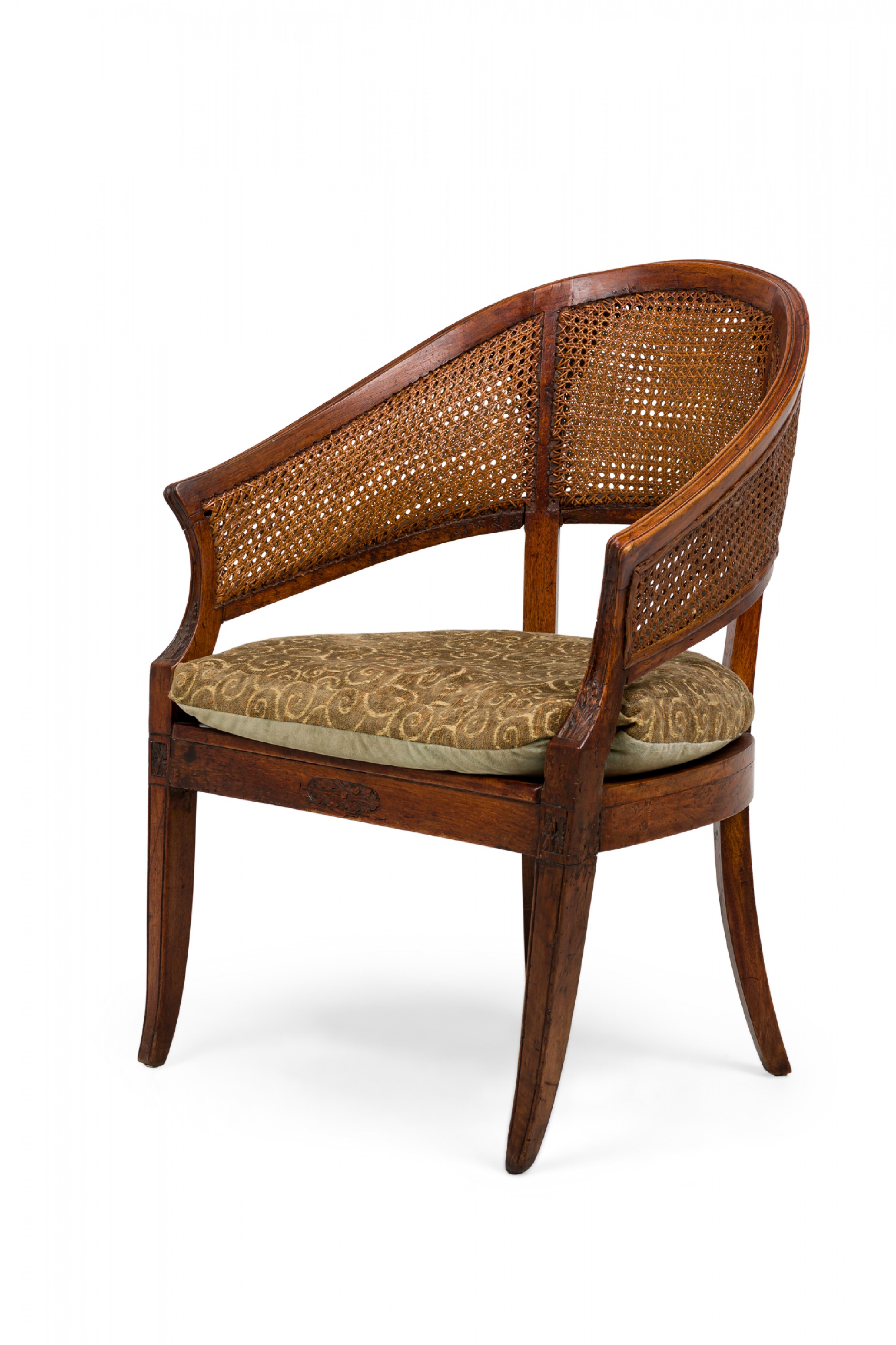 French Provincial double caned wooden horseshoe back armchair with green seat cushion