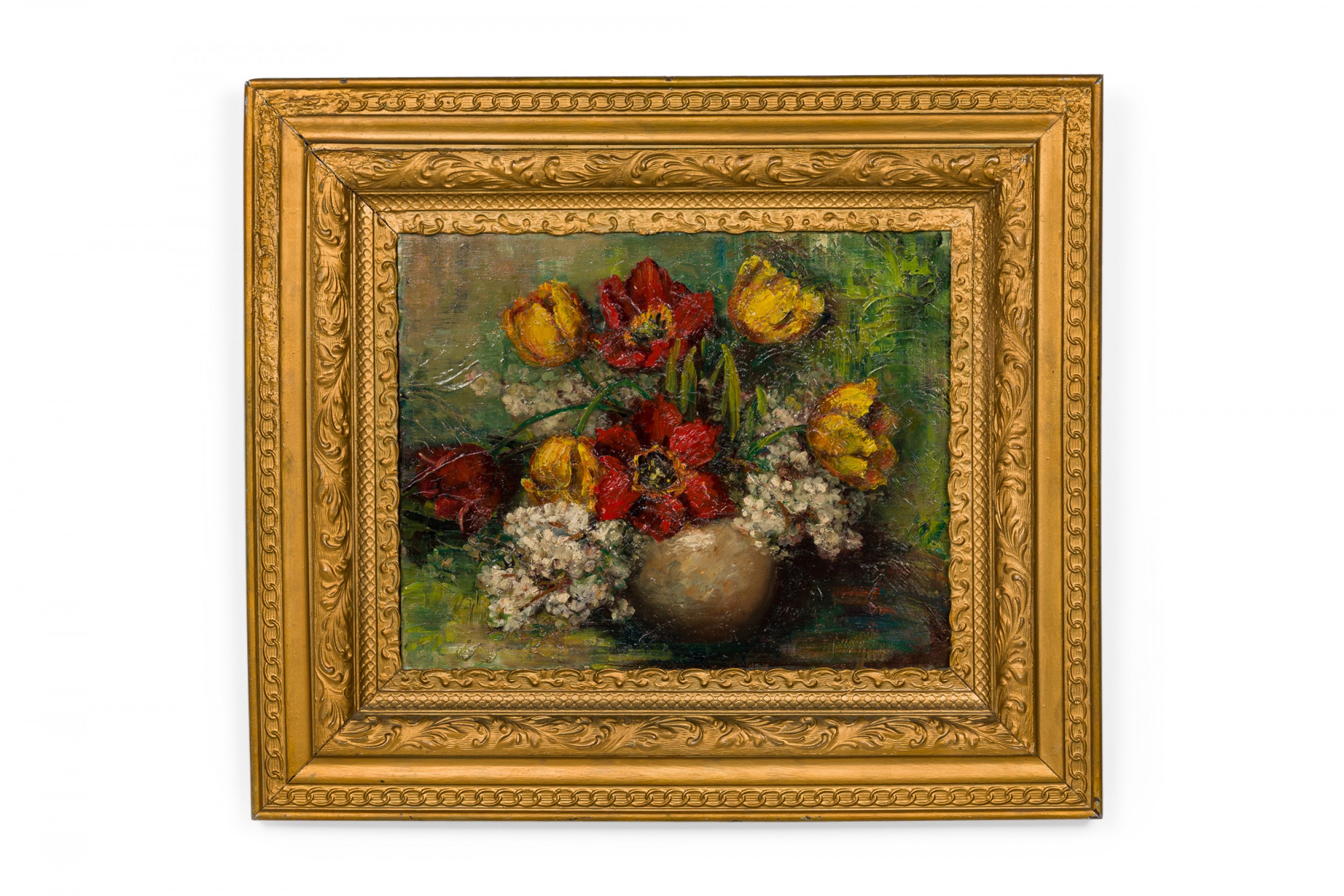 Dutch hydrangea and tulip flora still life oil painting in an ornate giltwood frame