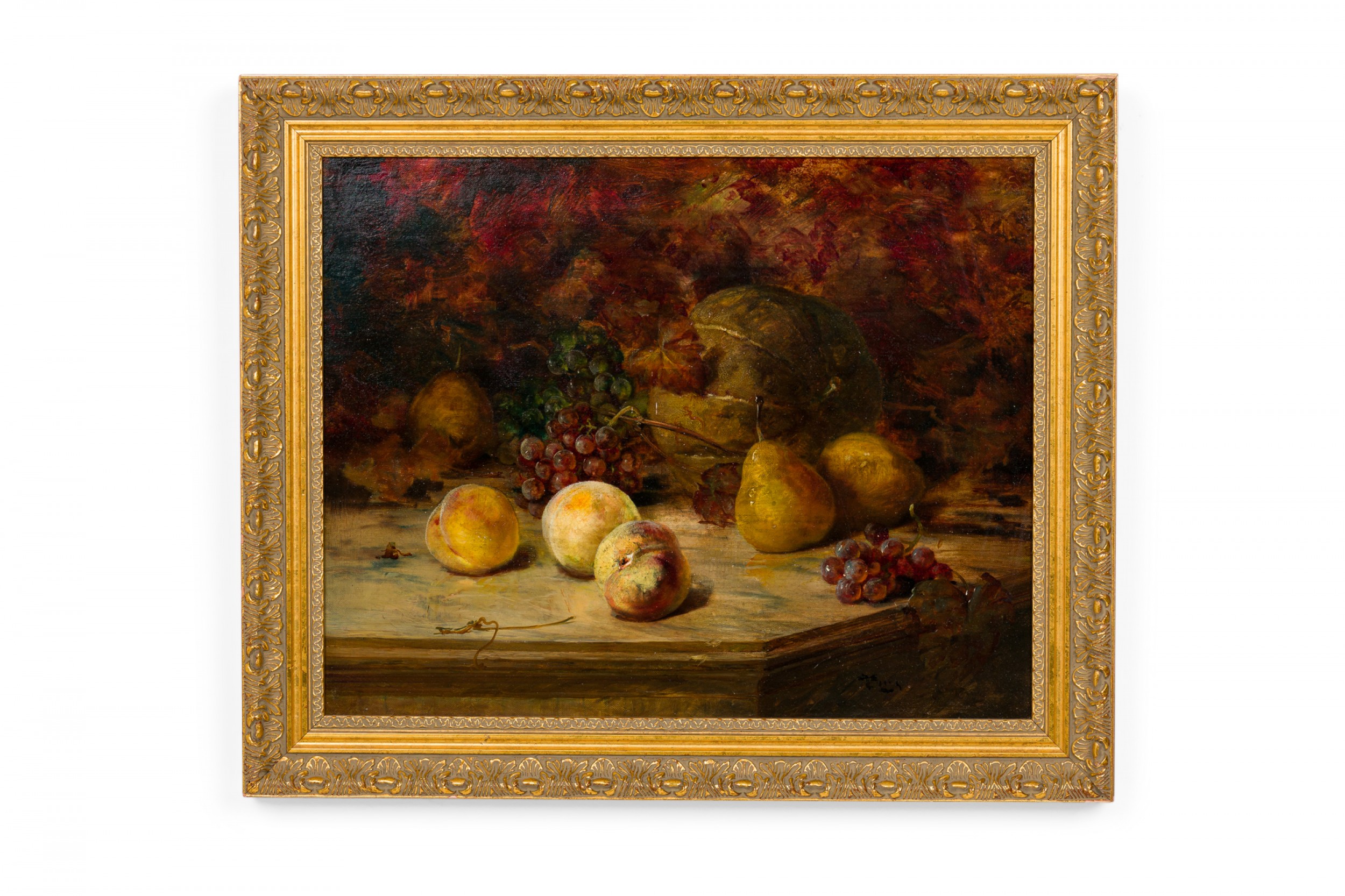 Dutch still life painting of peaches pears grapes and melon in a giltwood frame