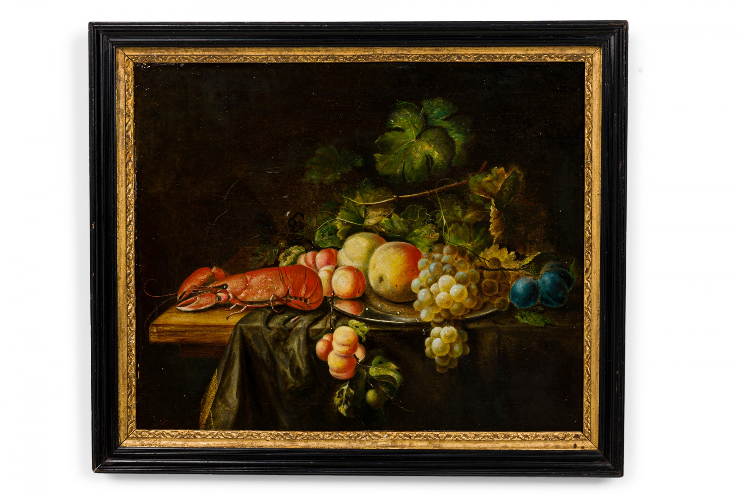 Framed dutch still life fruit and lobster oil painting