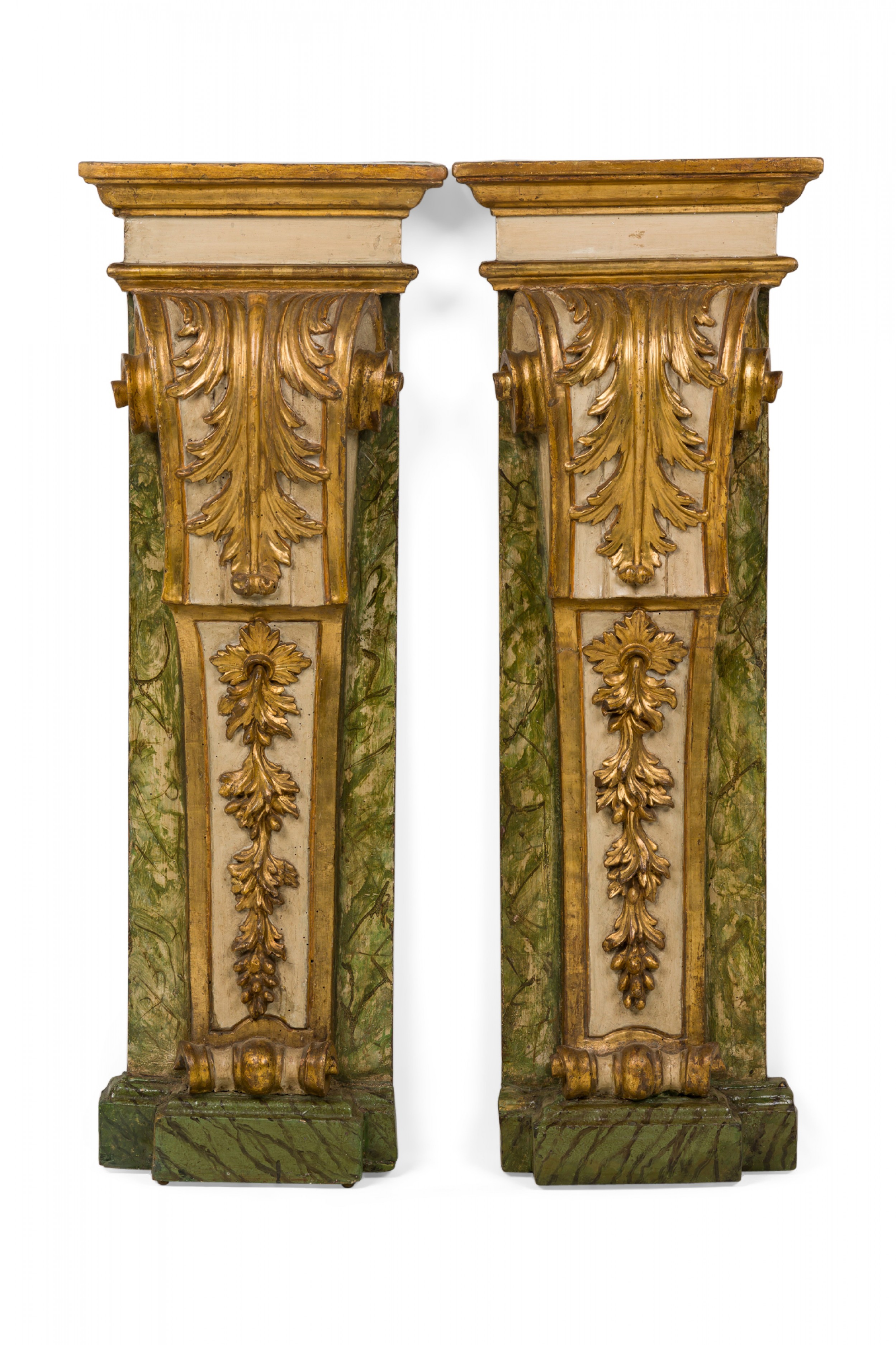 Pair of italian rococo parcel gilt painted foliate wood wall pilaster pedestals