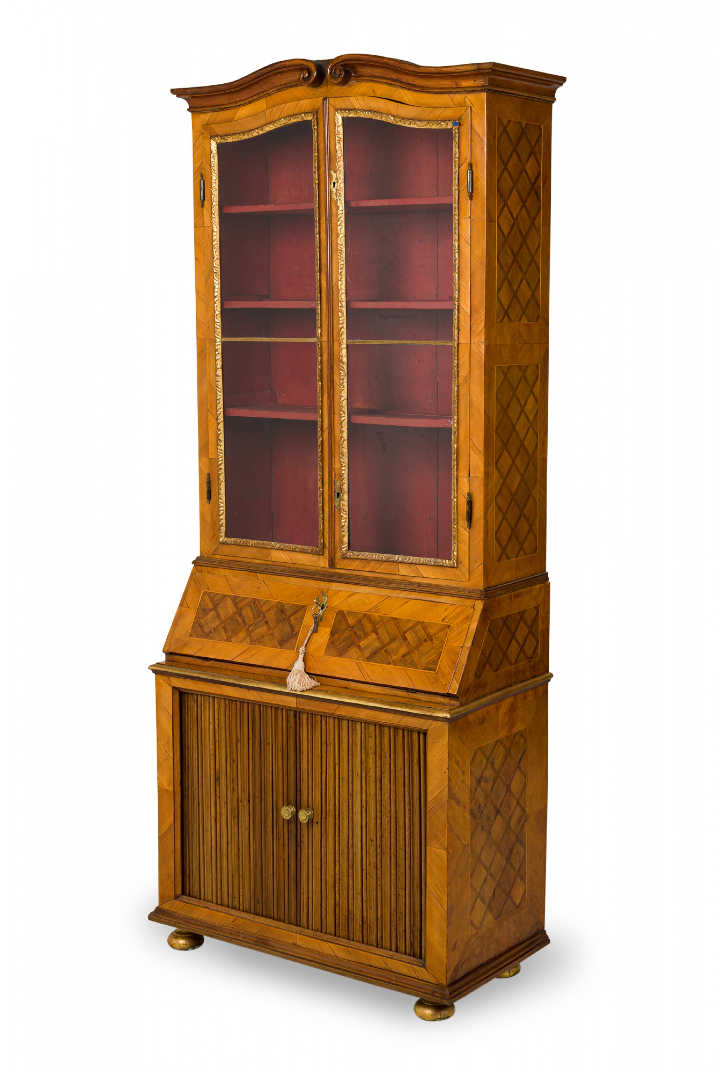 German biedermeier olivewood inlaid and parcel gilt secretary bookcase