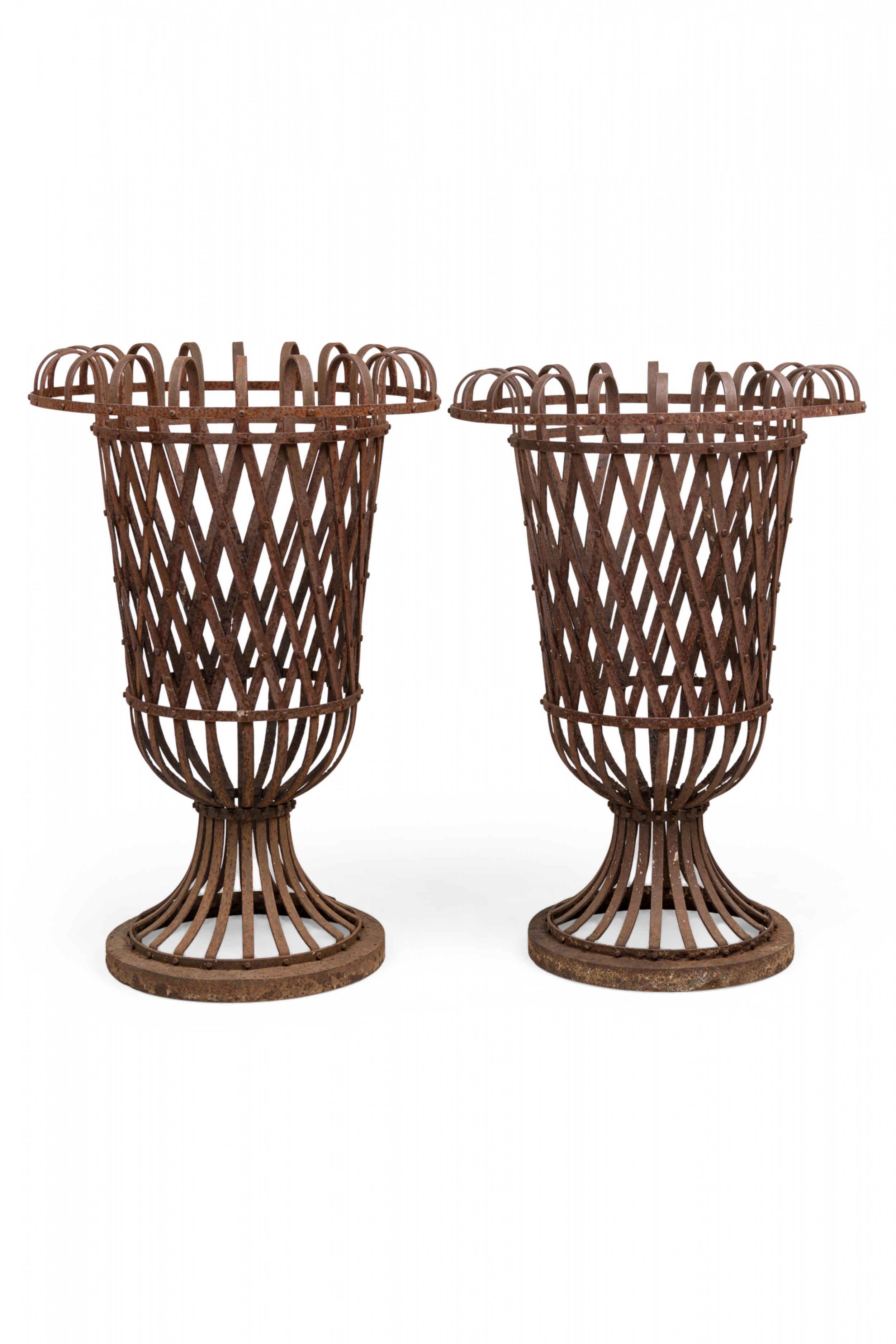 Pair of american victorian outdoor wrought iron woven garden urns