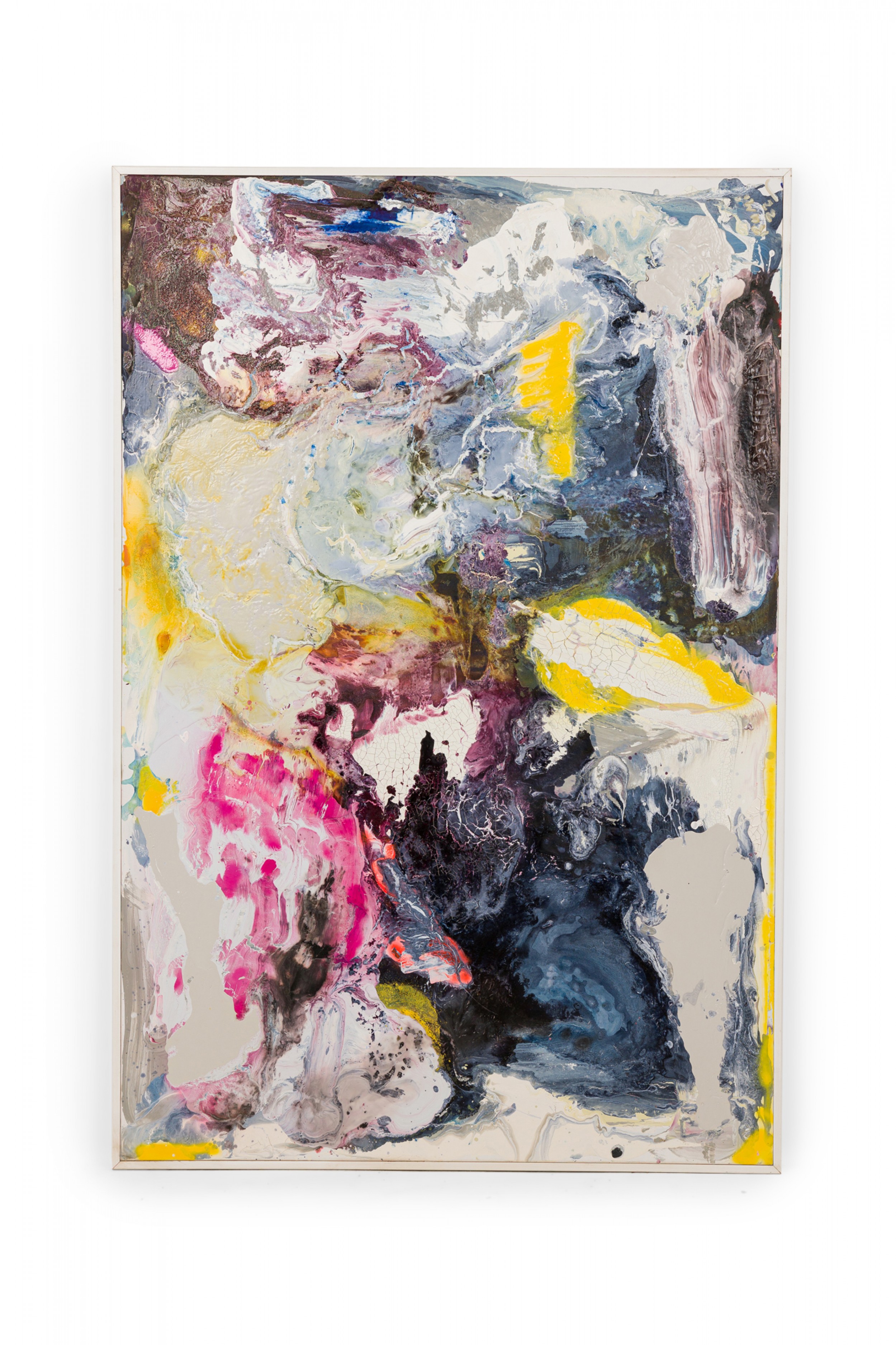 Contemporary gray purple and yellow abstract oil painting on stretched canvas